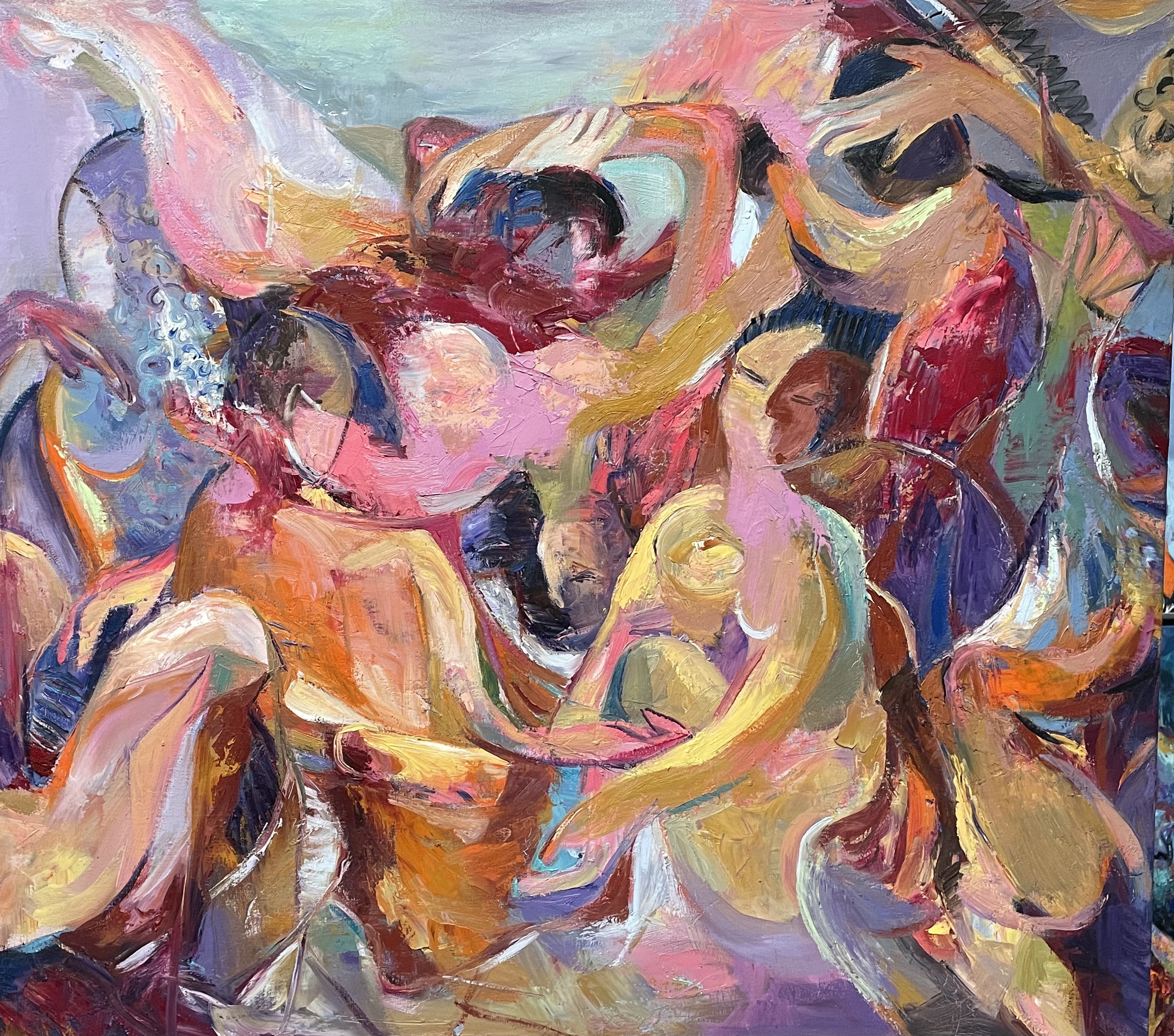 A painting of a group of people dancing together.