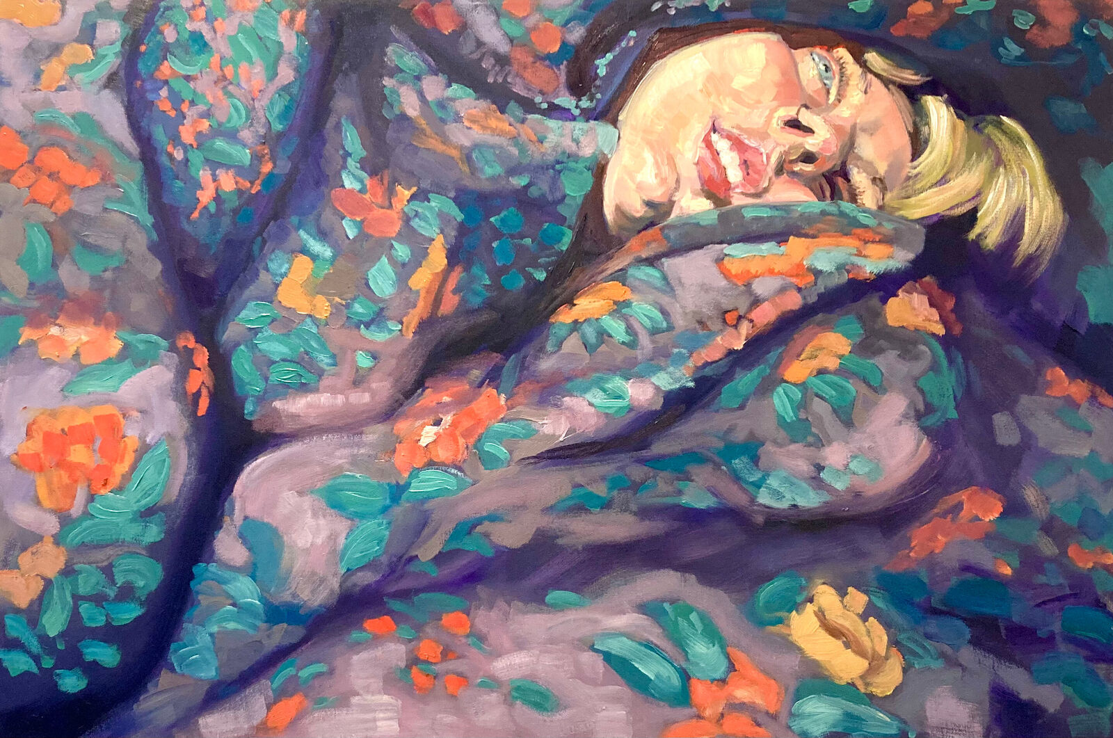 A vibrant painting of a person sleeping under a floral blanket.