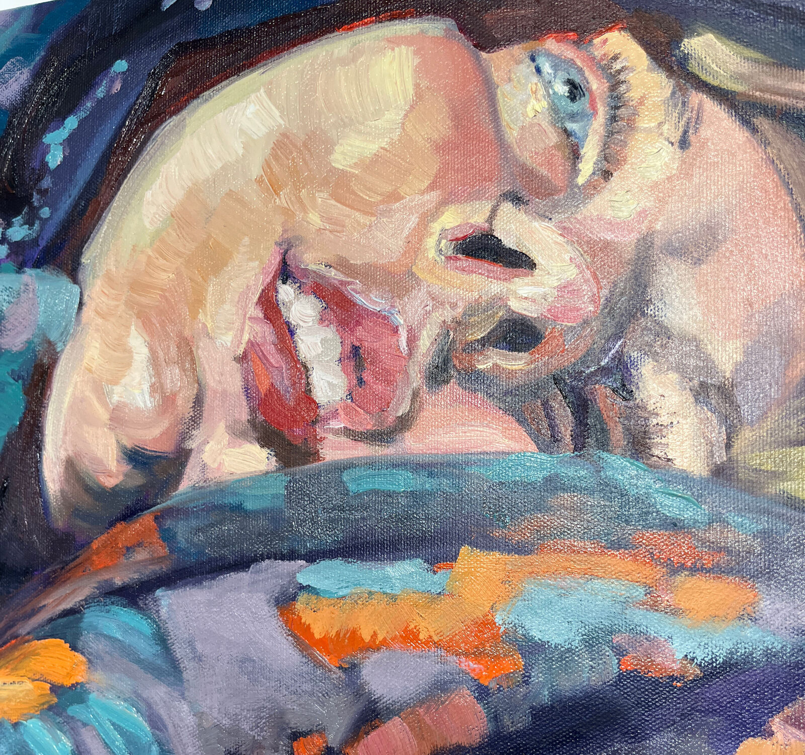 A vibrant painting of a person sleeping under a floral blanket.
