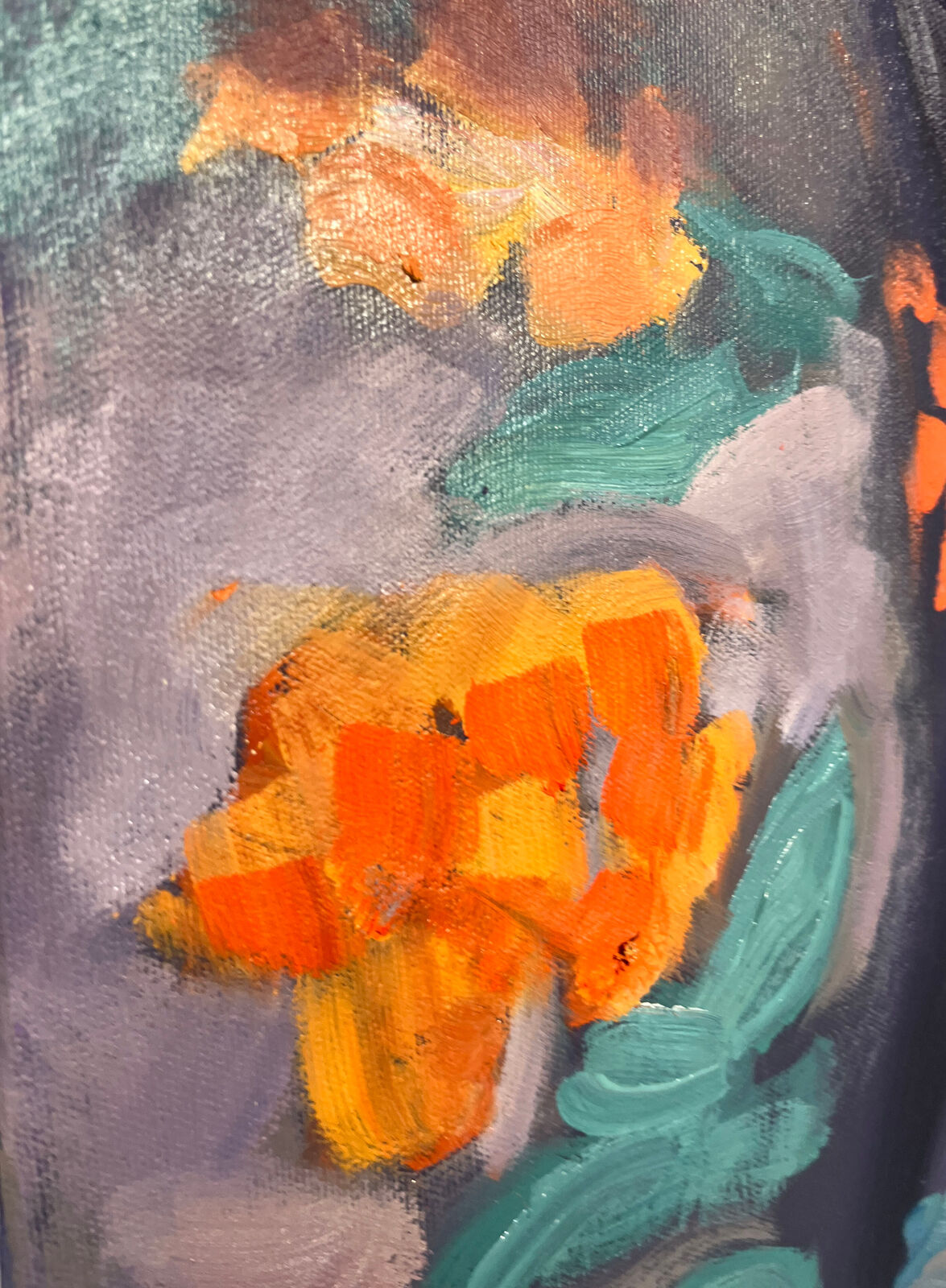 A vibrant painting of a person sleeping under a floral blanket.