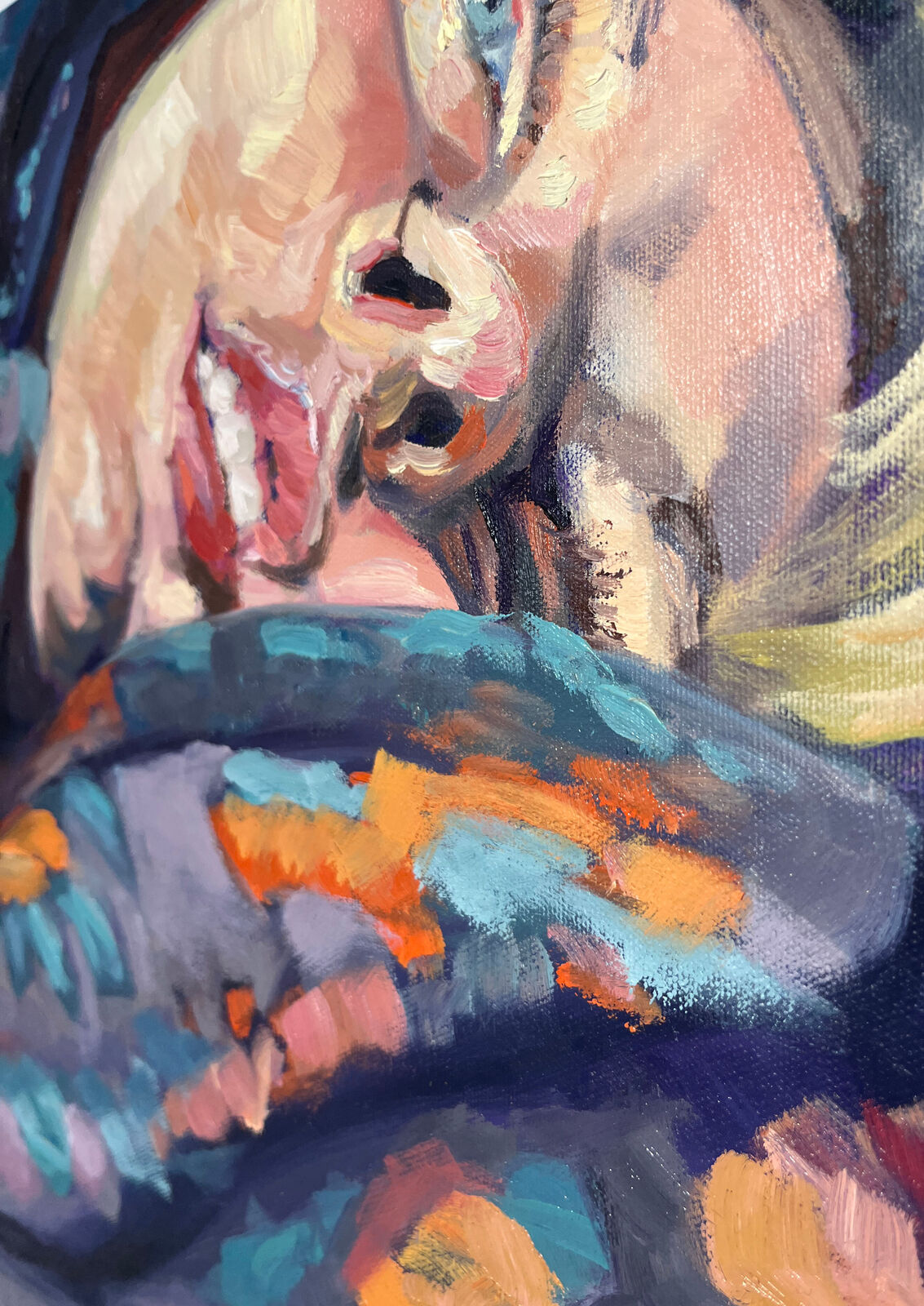 A vibrant painting of a person sleeping under a floral blanket.
