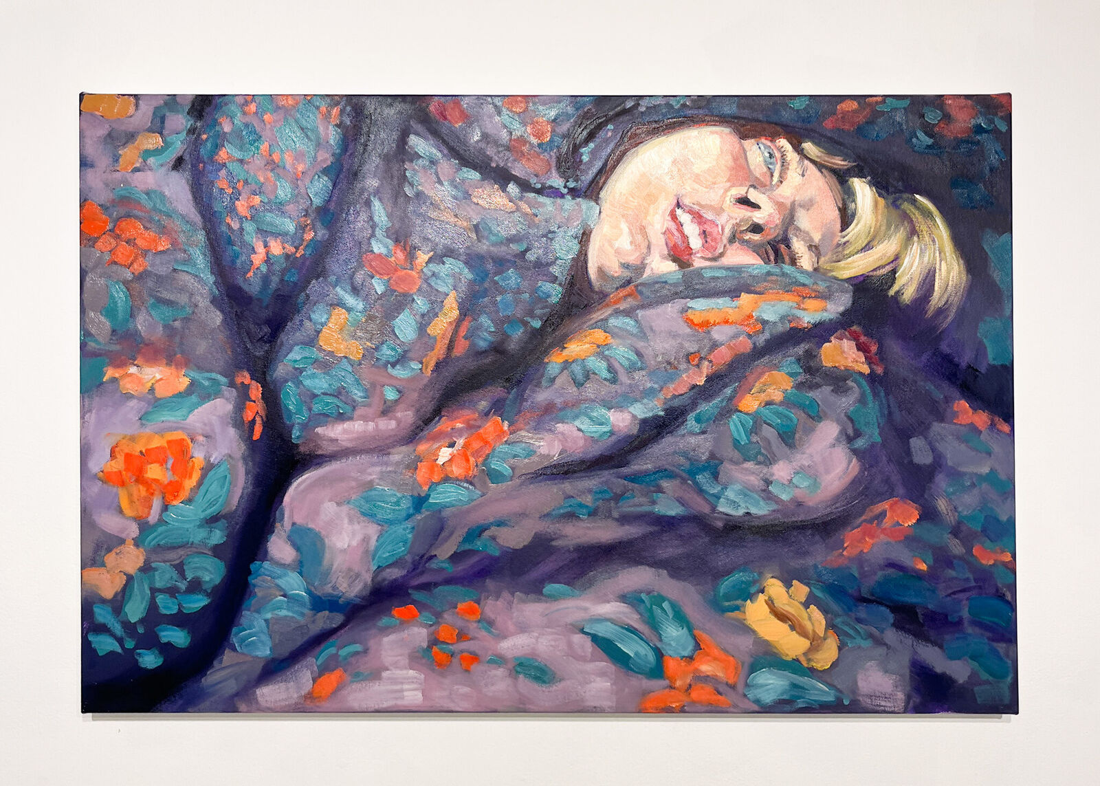 A vibrant painting of a person sleeping under a floral blanket.
