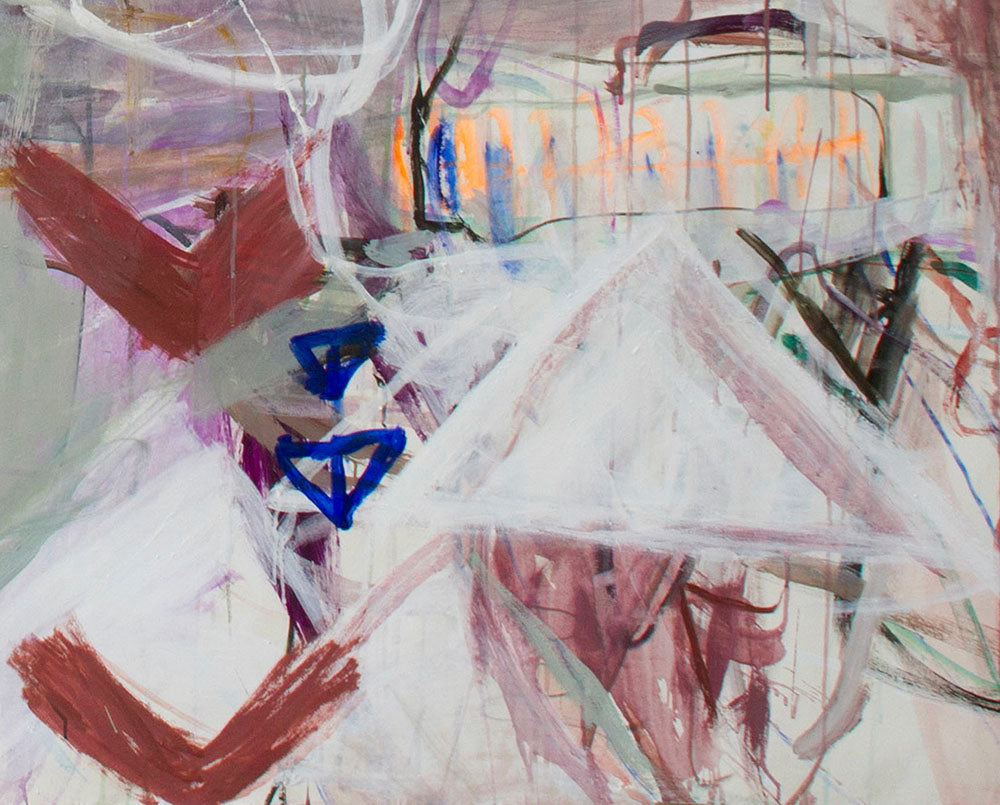 A large abstract painting on a white wall.