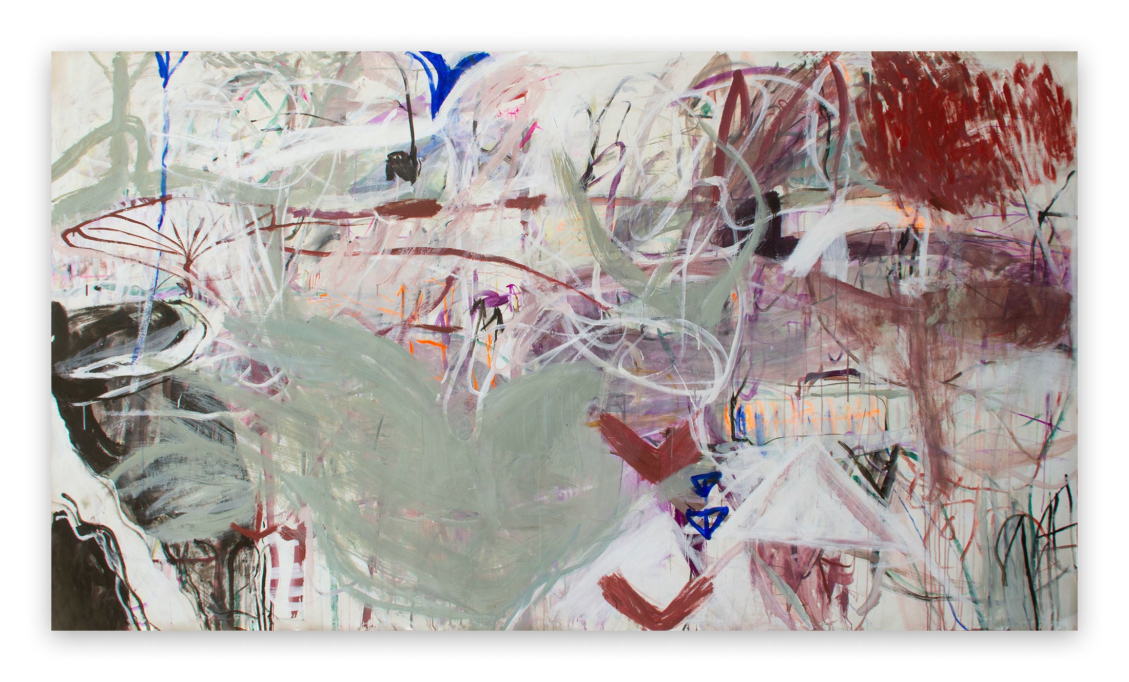 A large abstract painting on a white wall.