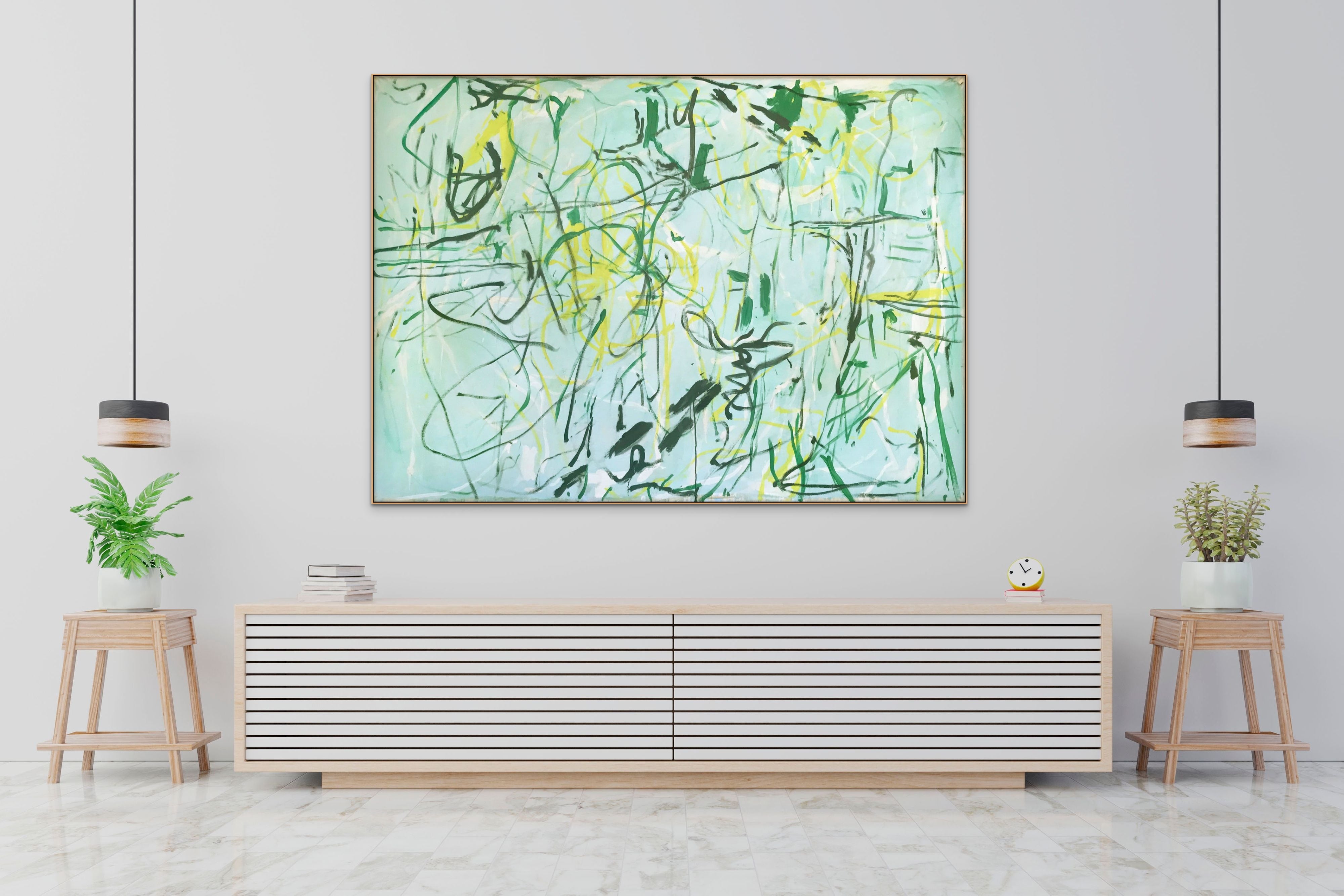 A painting with green and yellow paint on a white background.