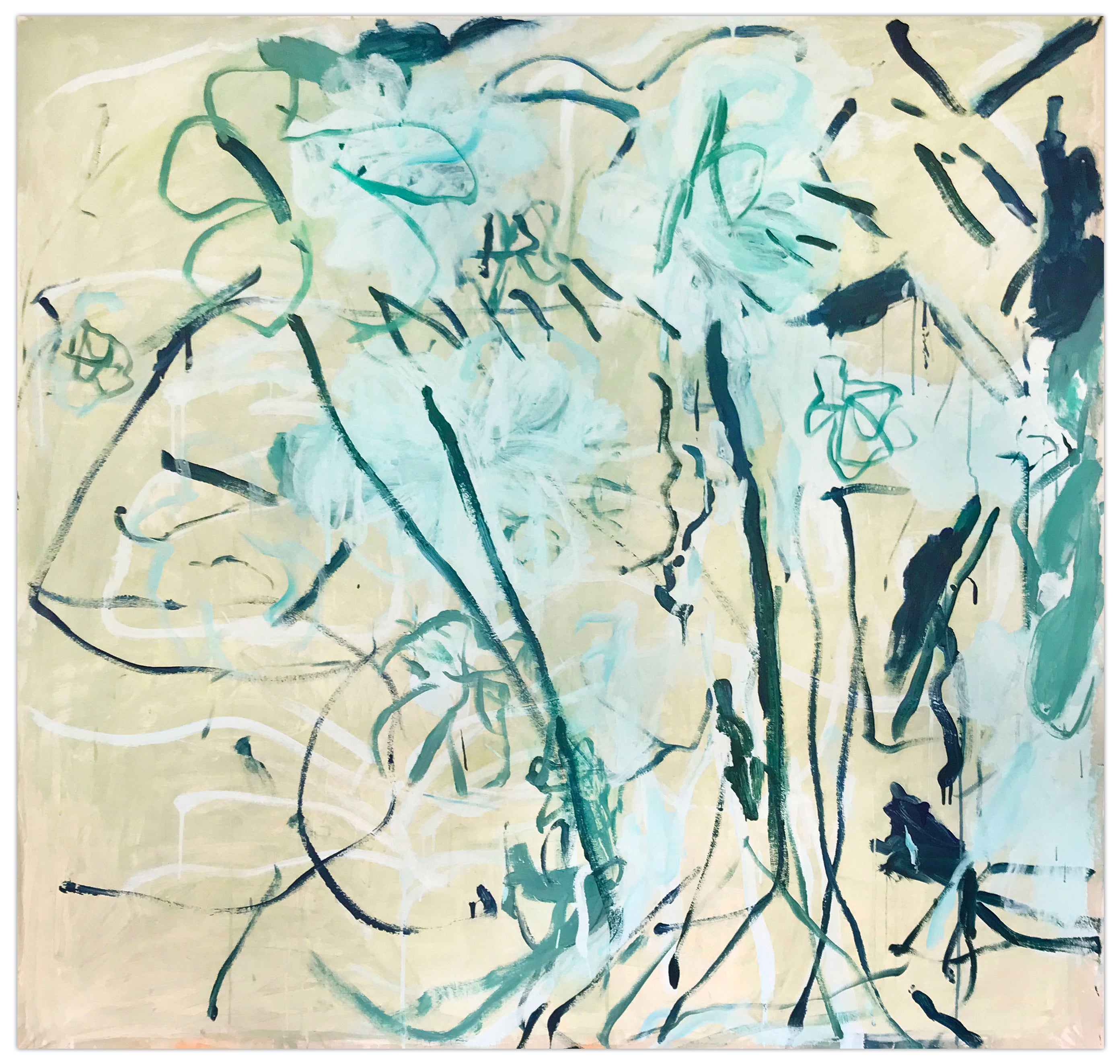 A painting with blue and green paint on a beige background.