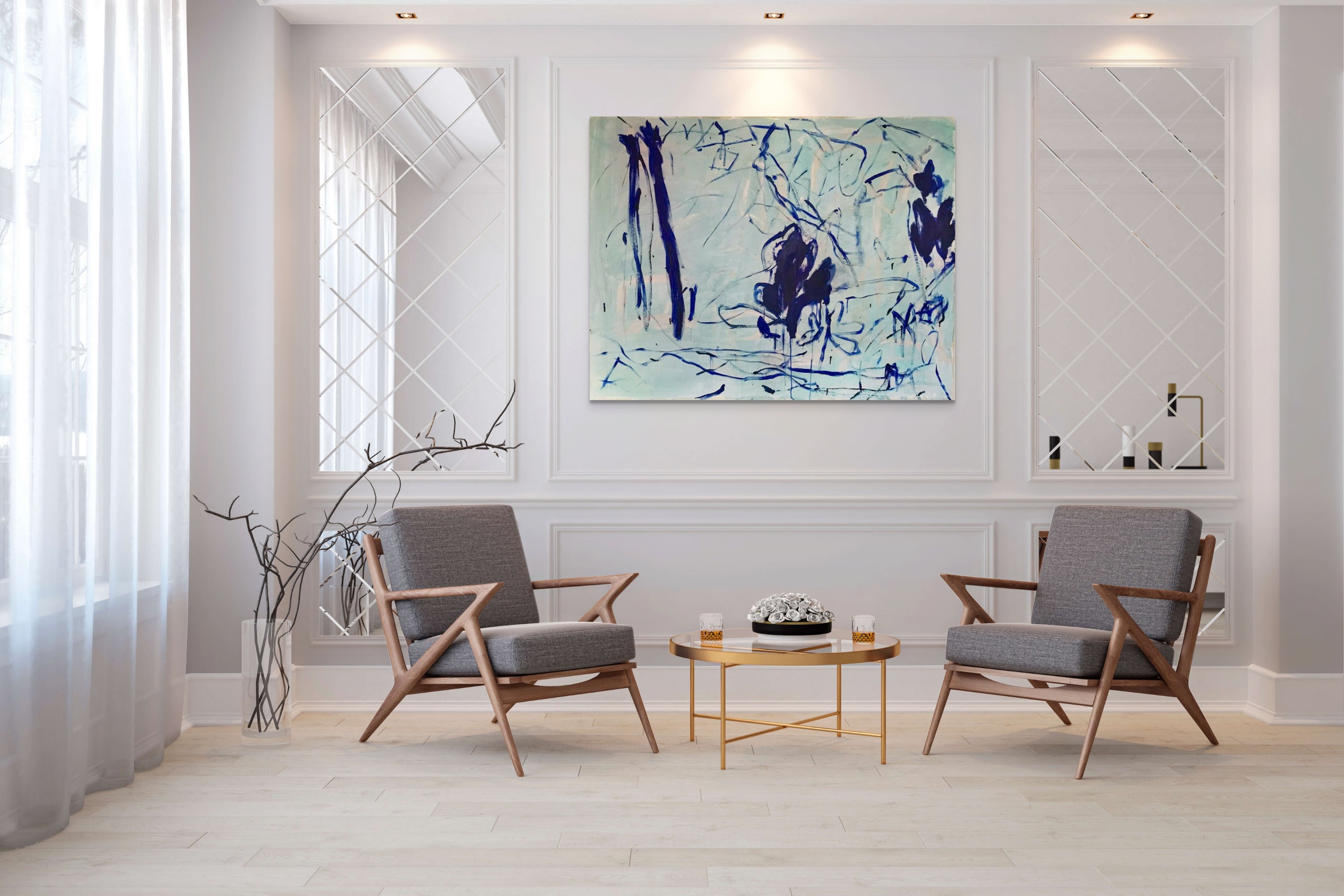 A blue and white painting on a white wall.