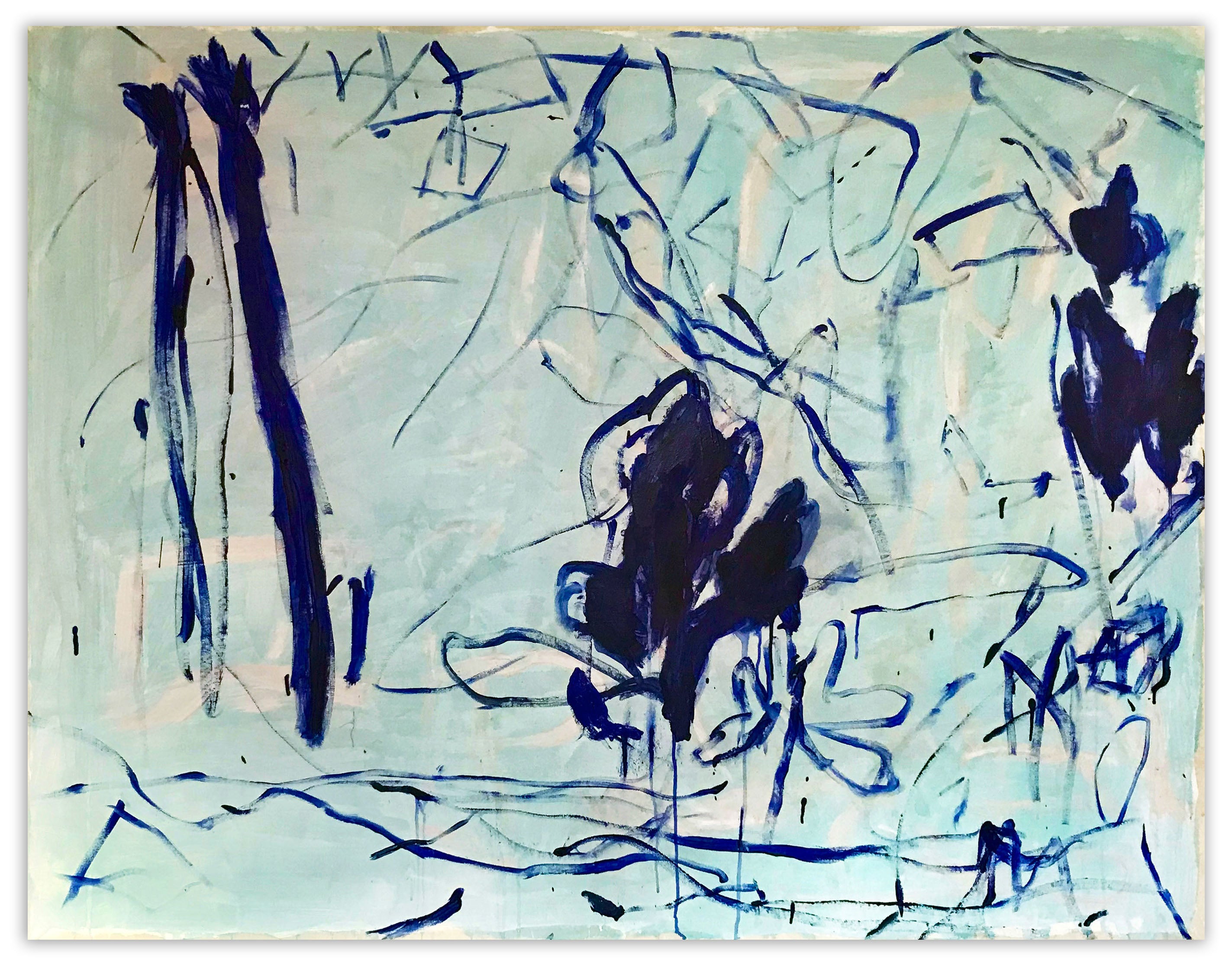 A blue and white painting on a white wall.