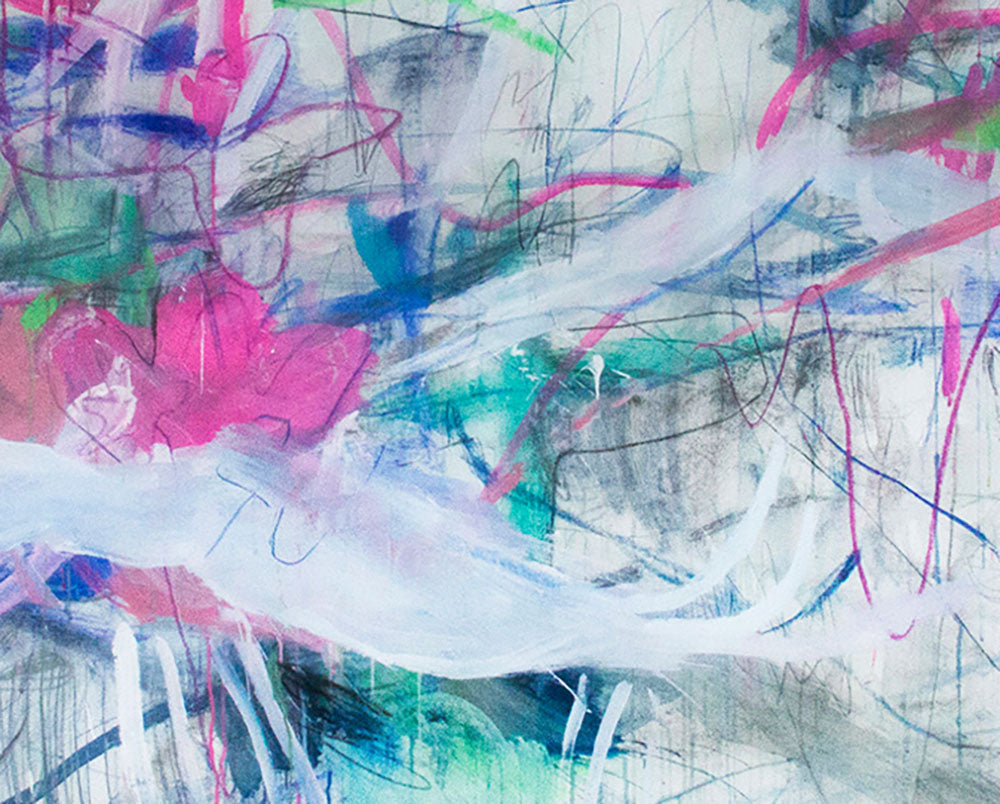 A painting with pink, blue and green paint on a white background.