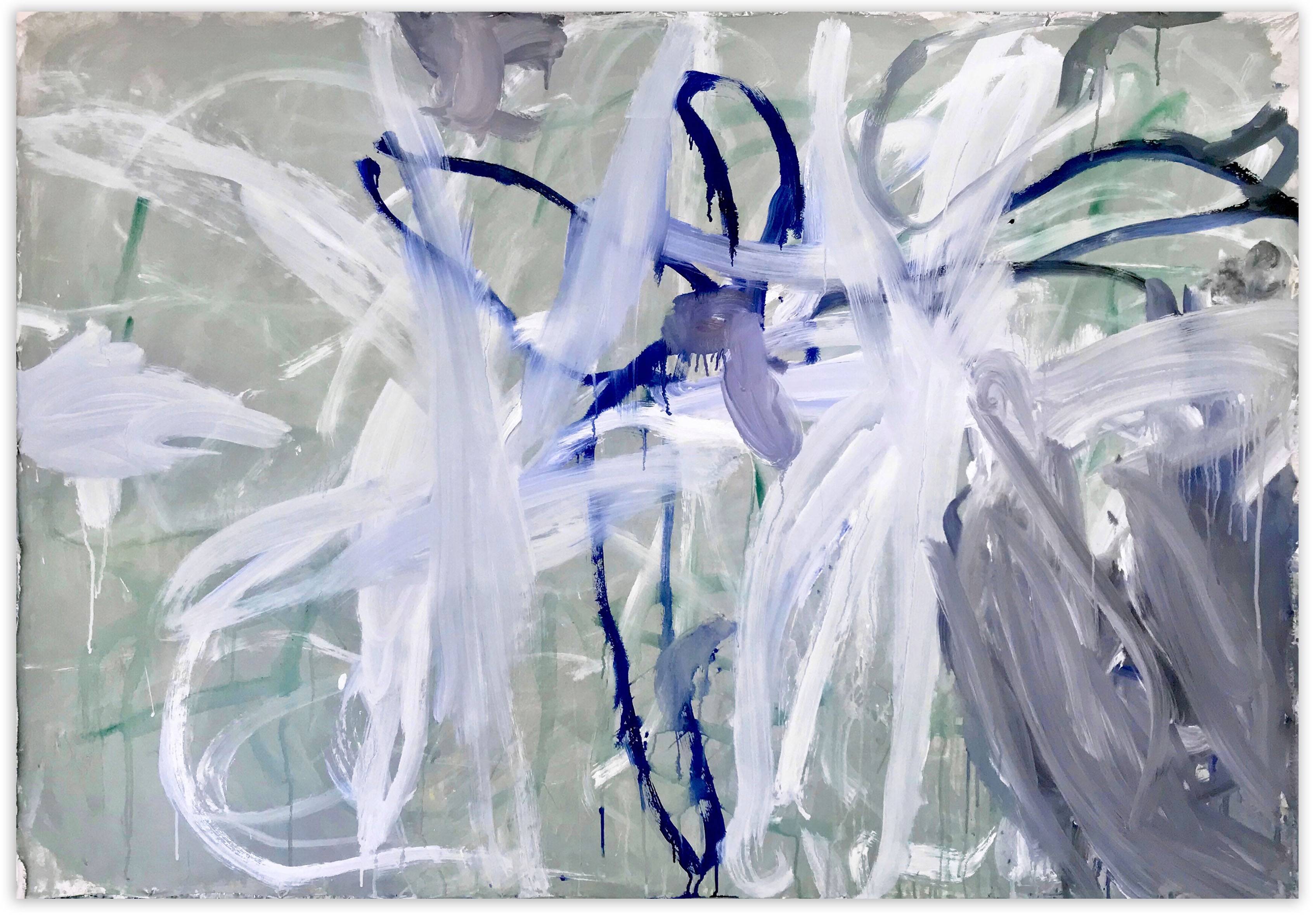 A painting with blue and white paint on a gray background.