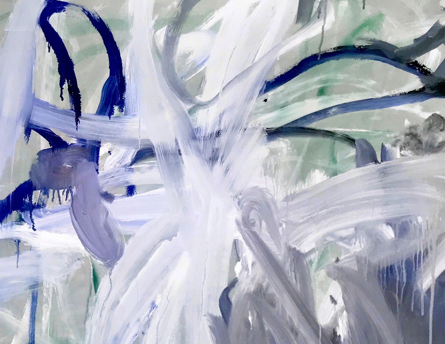 A painting with blue and white paint on a gray background.