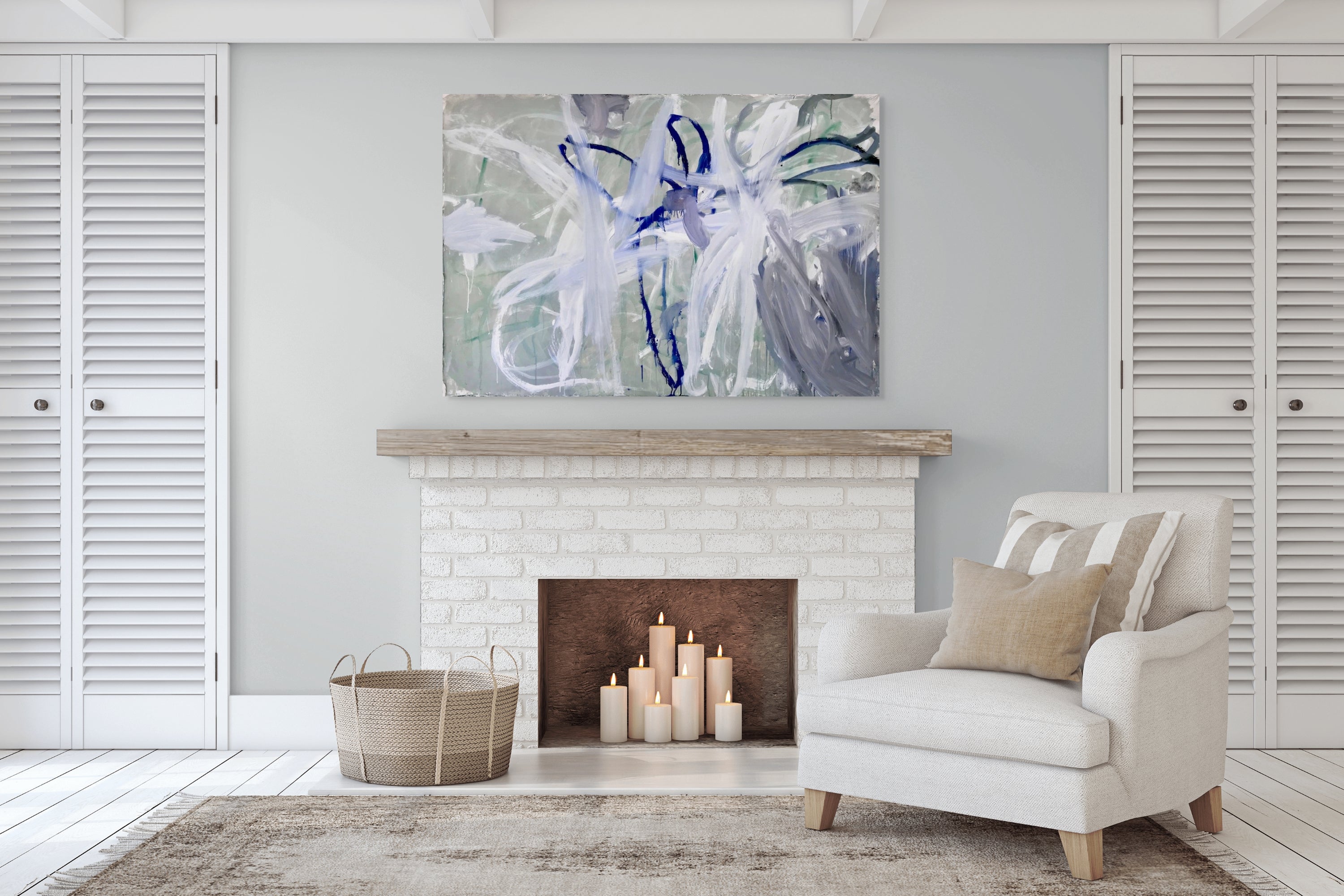 A painting with blue and white paint on a gray background.