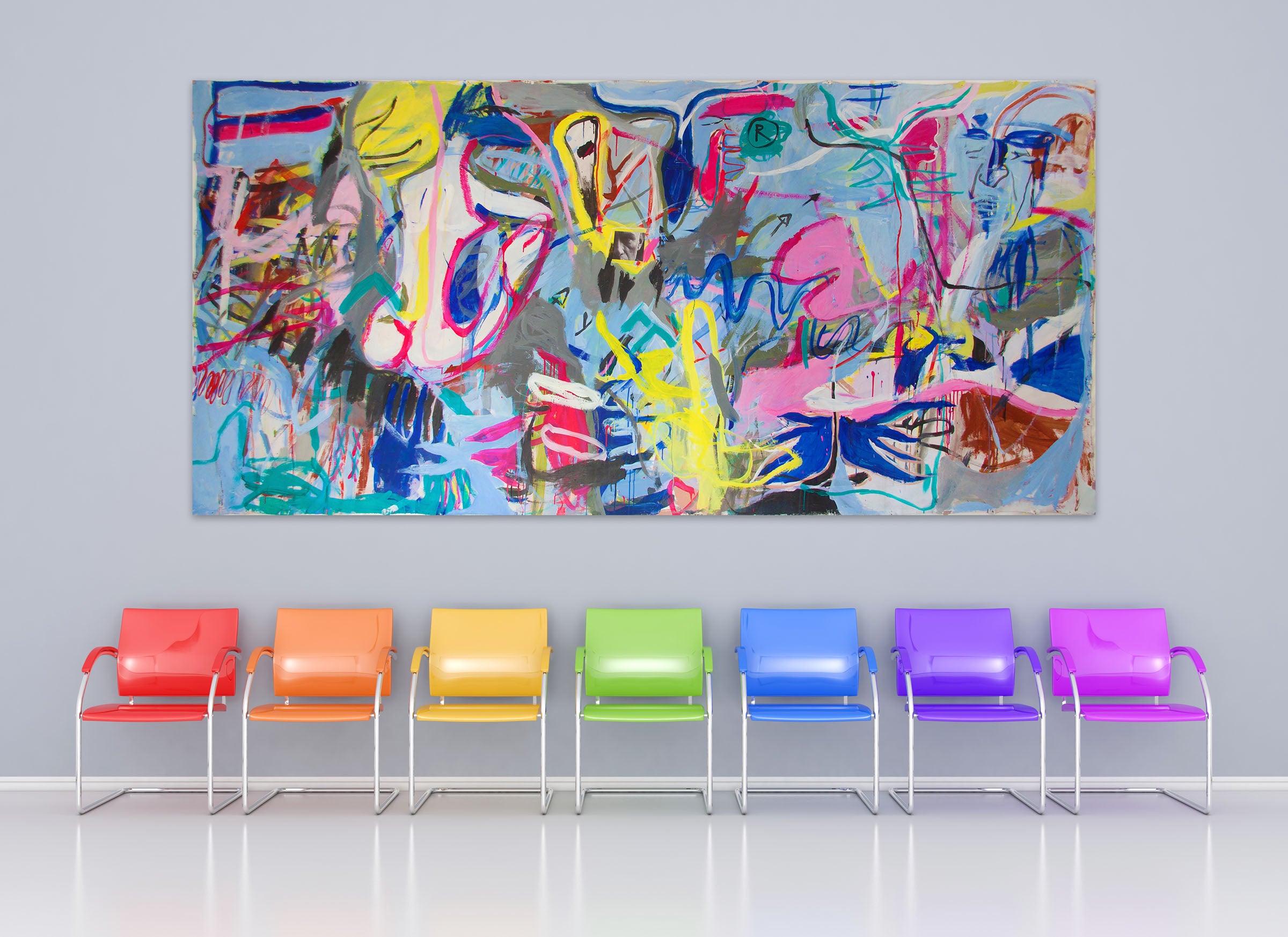 A large abstract painting on a white wall.