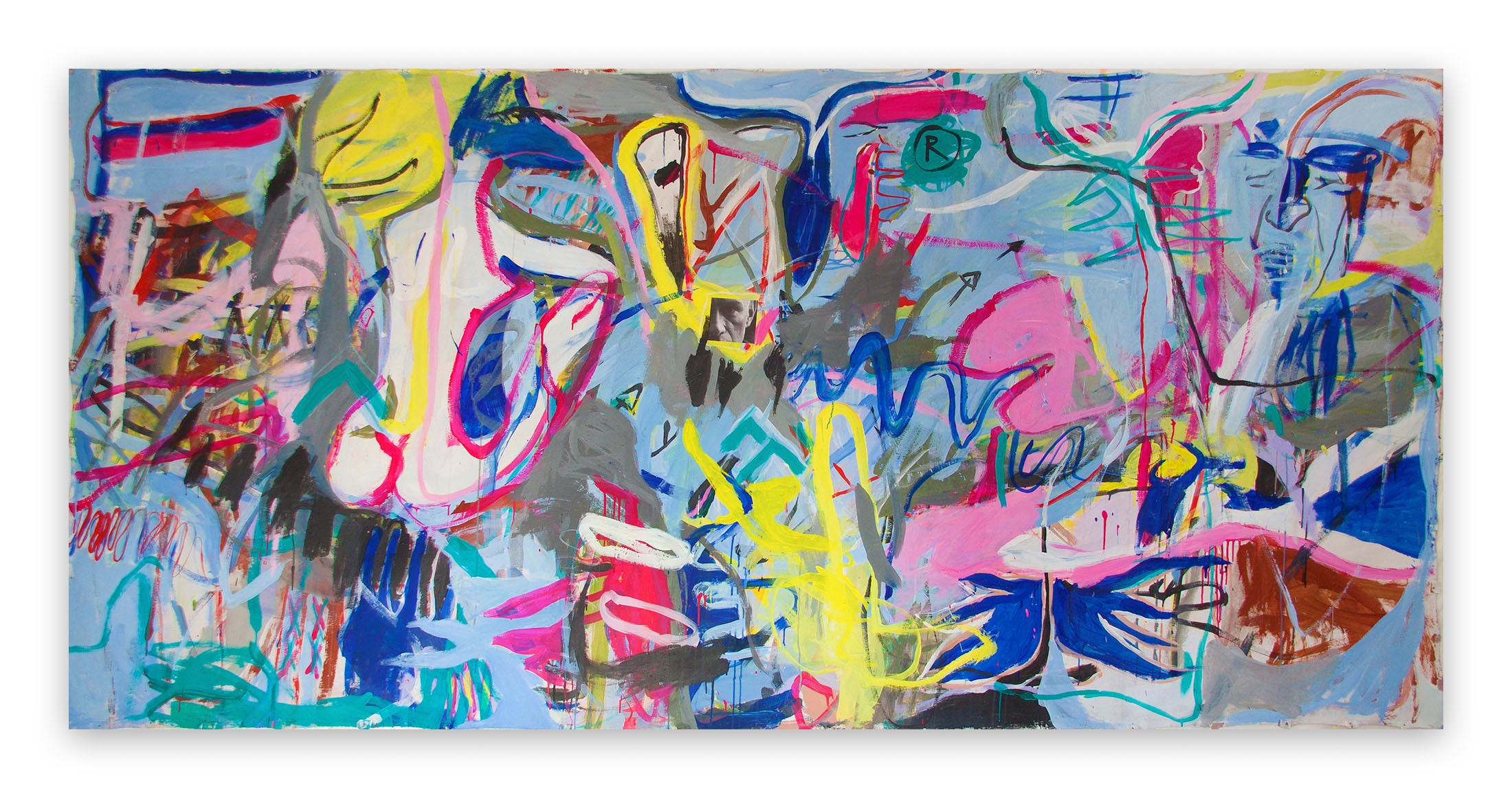 A large abstract painting on a white wall.