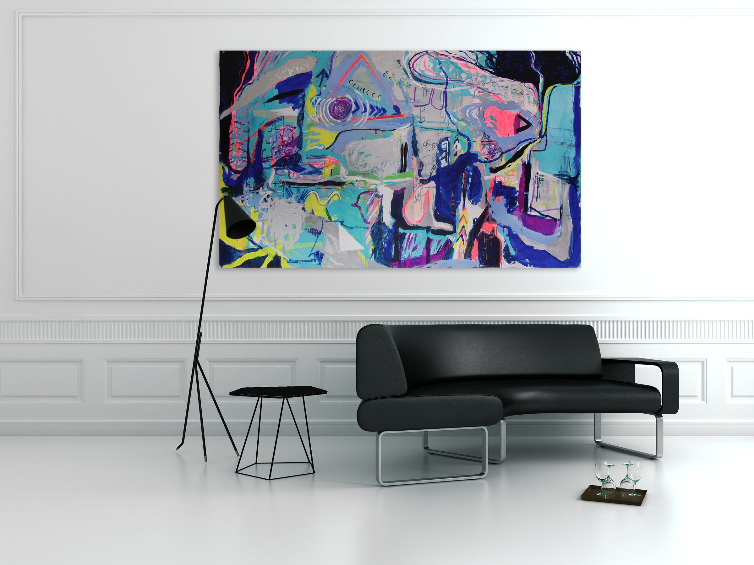 A painting of a colorful abstract painting on a white wall.