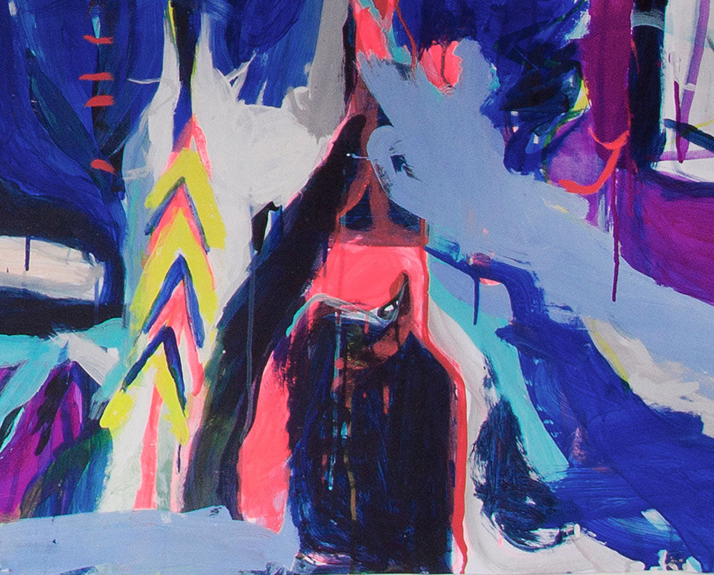 A painting of a colorful abstract painting on a white wall.
