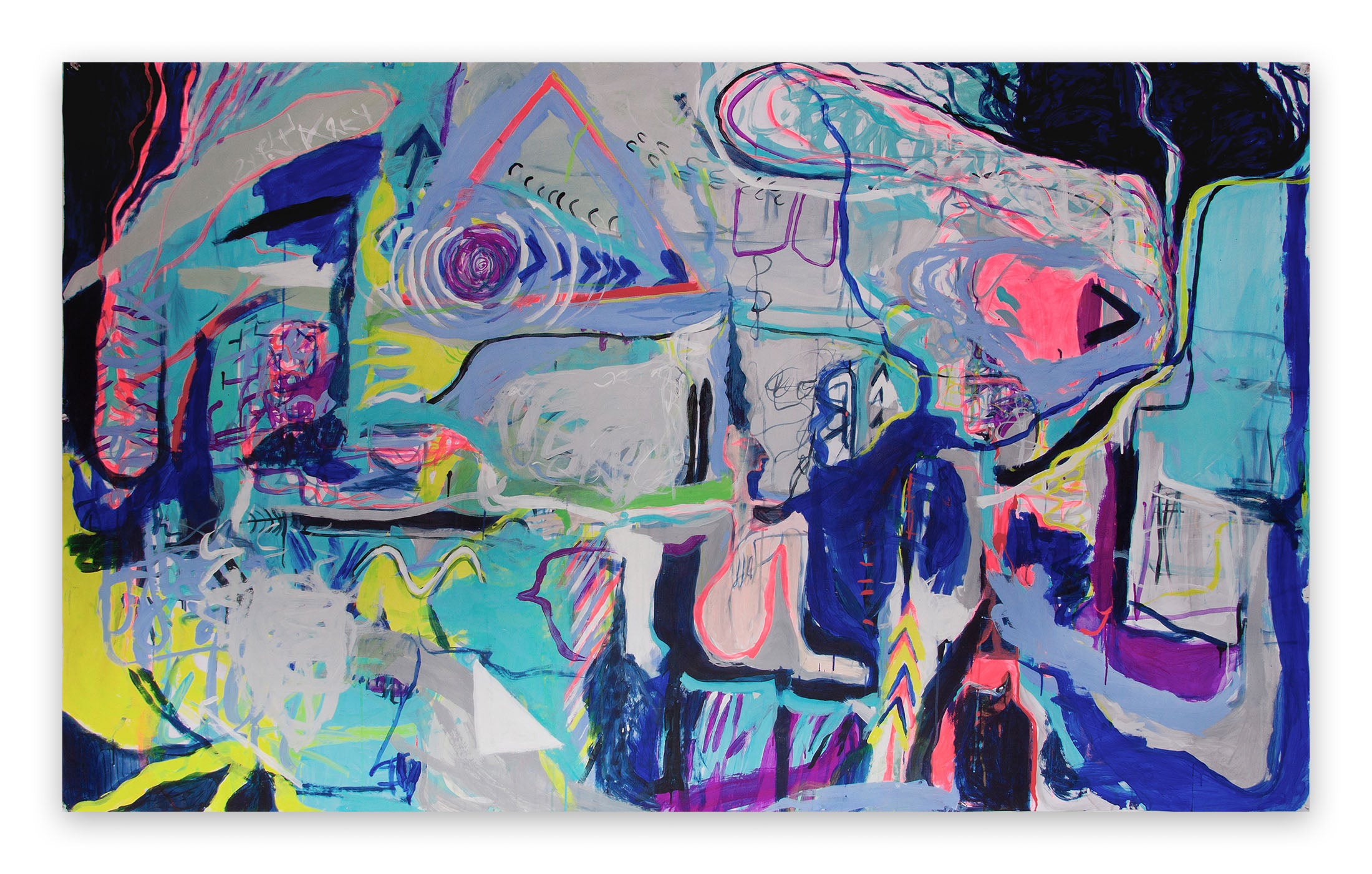 A painting of a colorful abstract painting on a white wall.