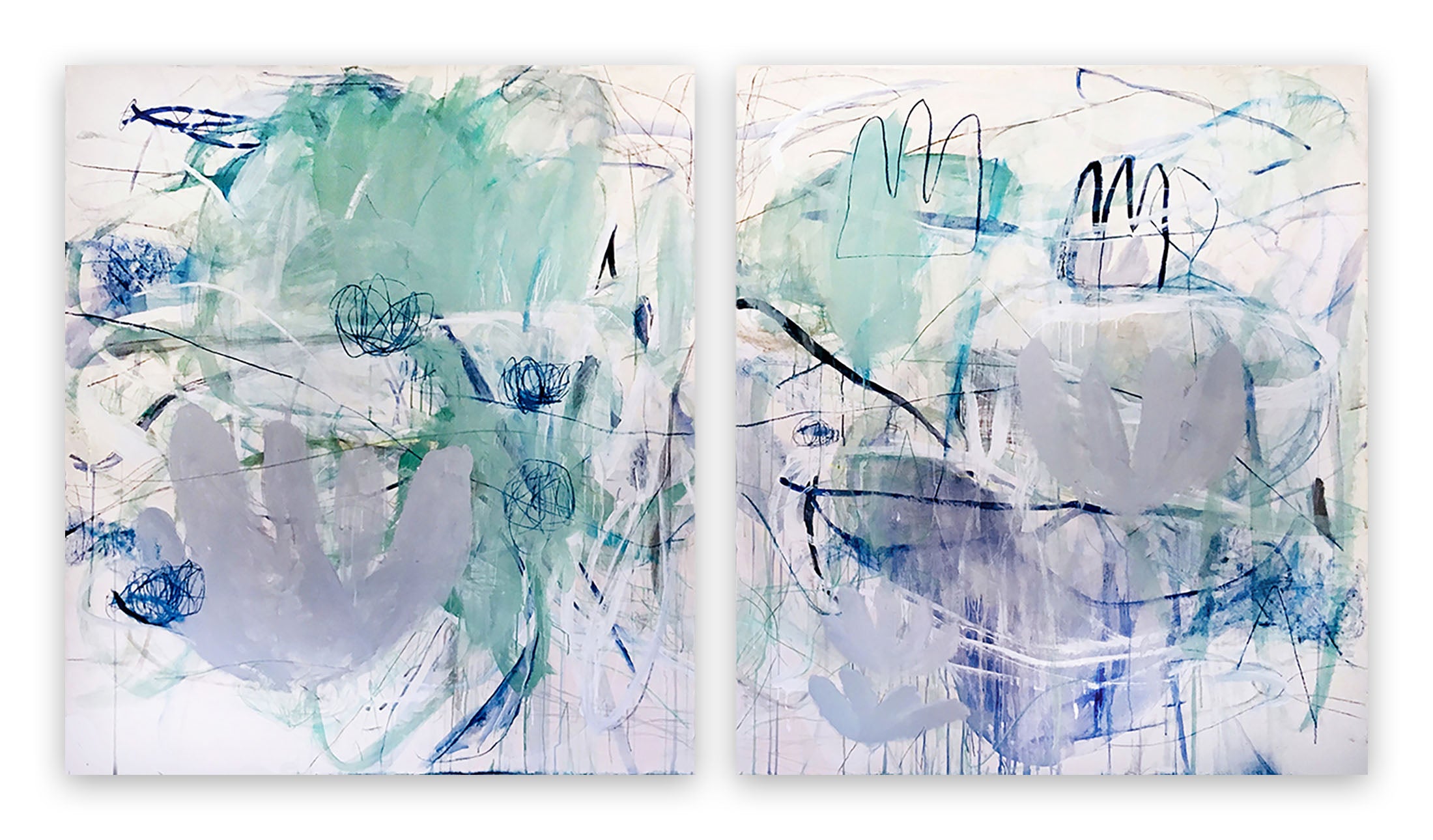 A pair of blue and green paintings on a white wall.