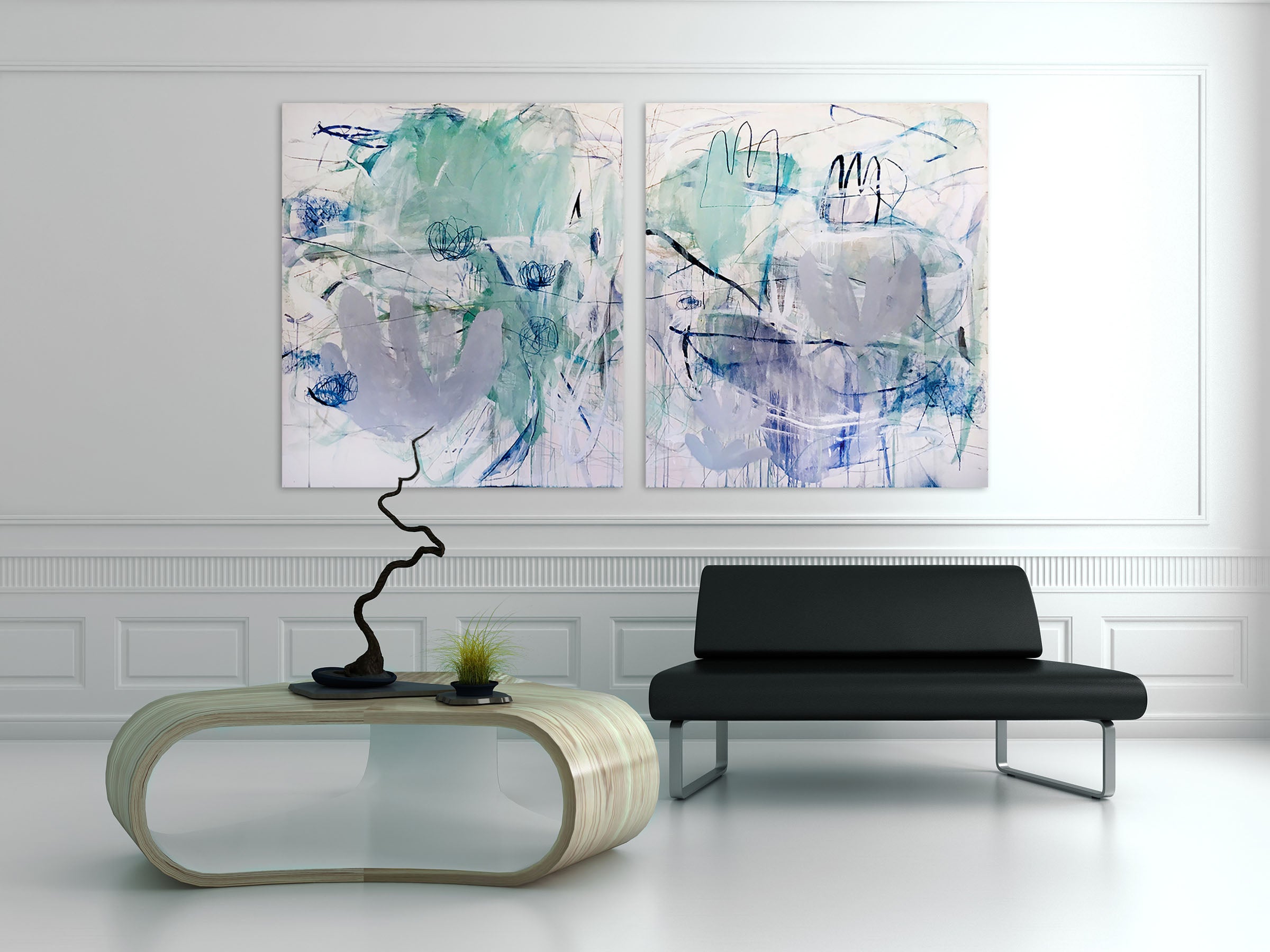 A pair of blue and green paintings on a white wall.