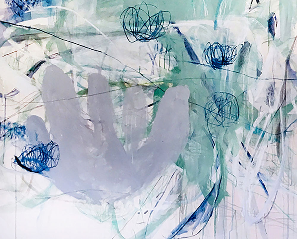 A pair of blue and green paintings on a white wall.