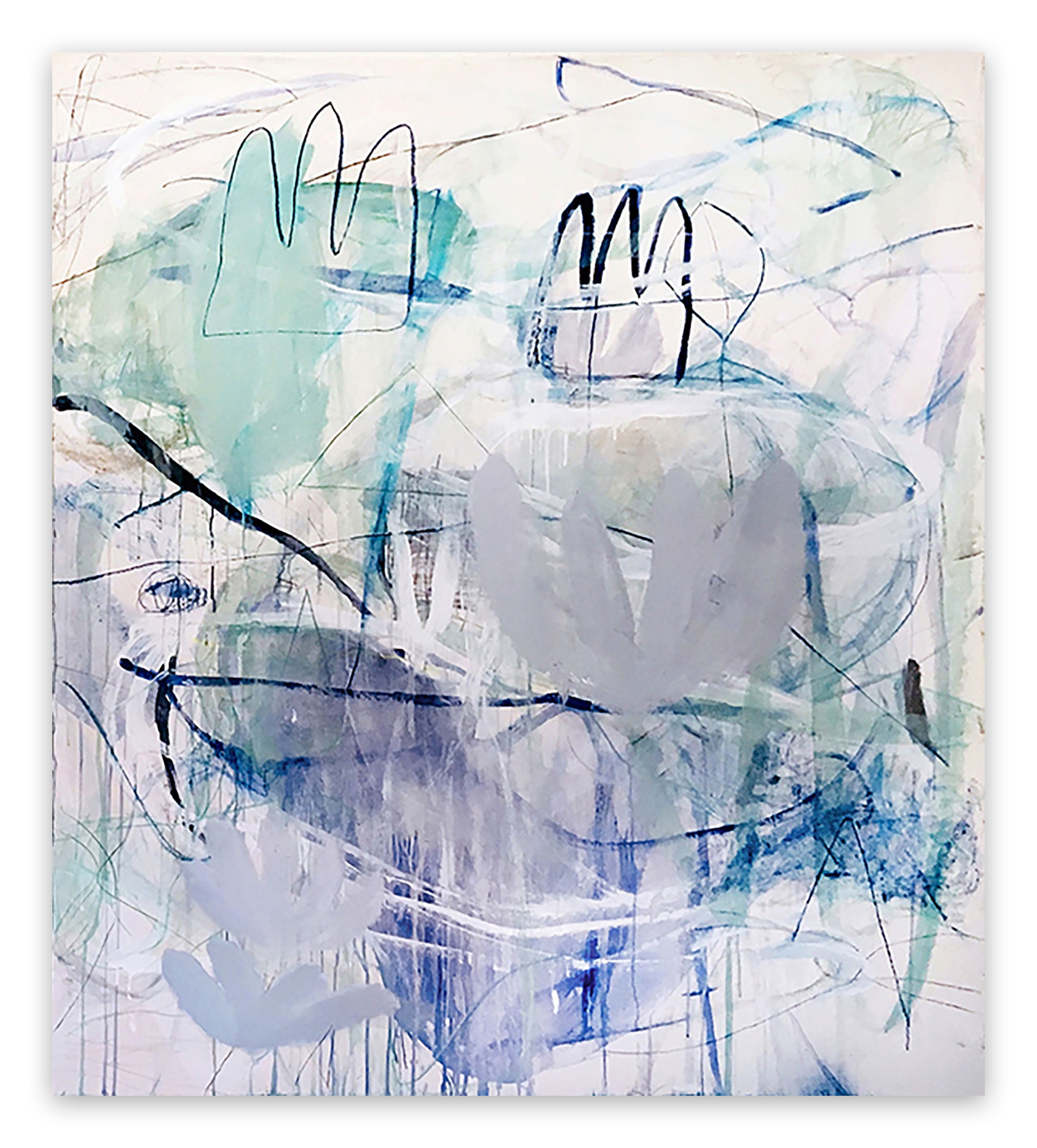A pair of blue and green paintings on a white wall.