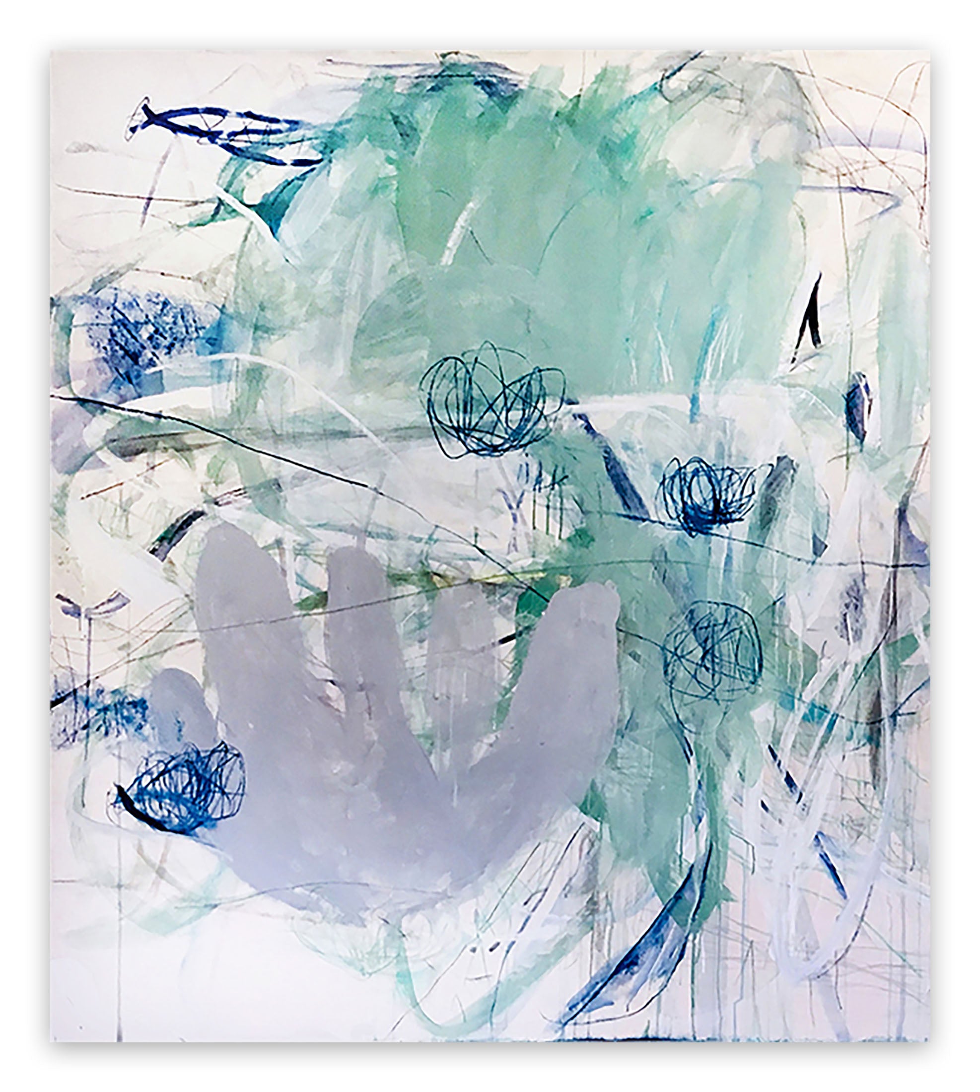 A pair of blue and green paintings on a white wall.