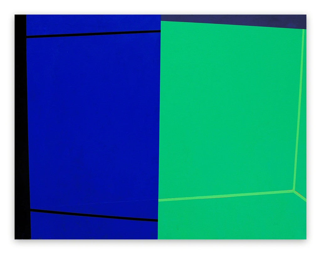 A blue and green painting on a white wall.