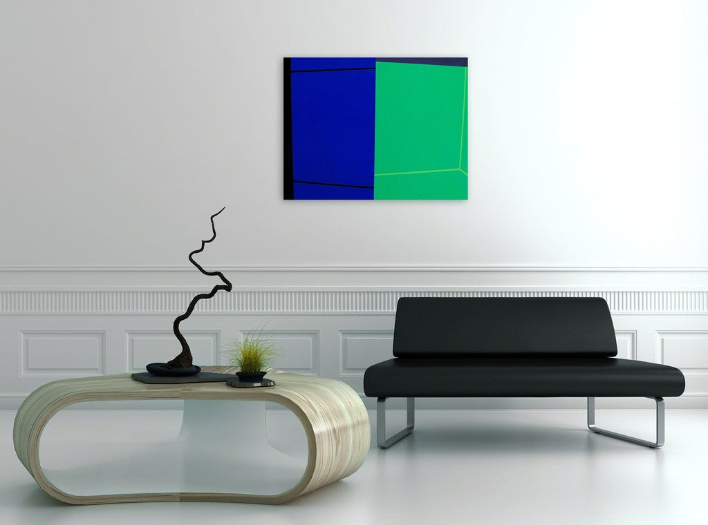 A blue and green painting on a white wall.