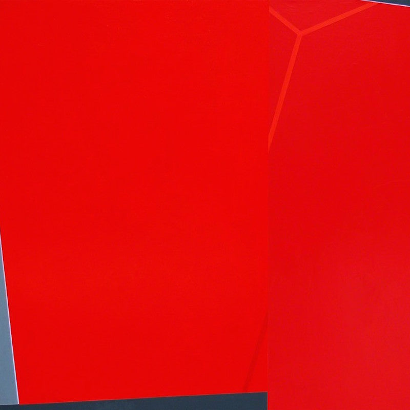 A red and black painting on a white wall.