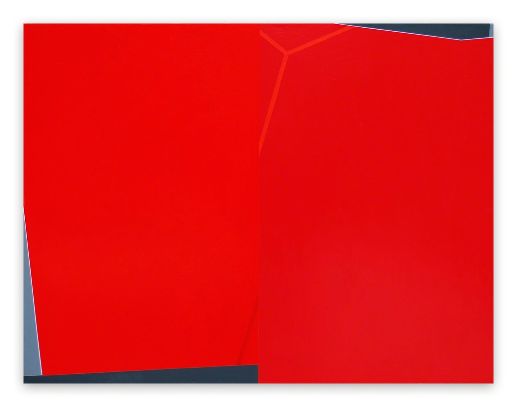 A red and black painting on a white wall.