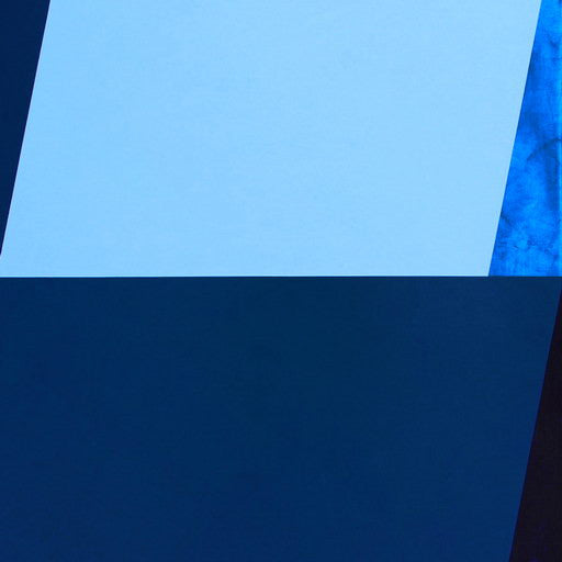 A blue and black painting on a white wall.
