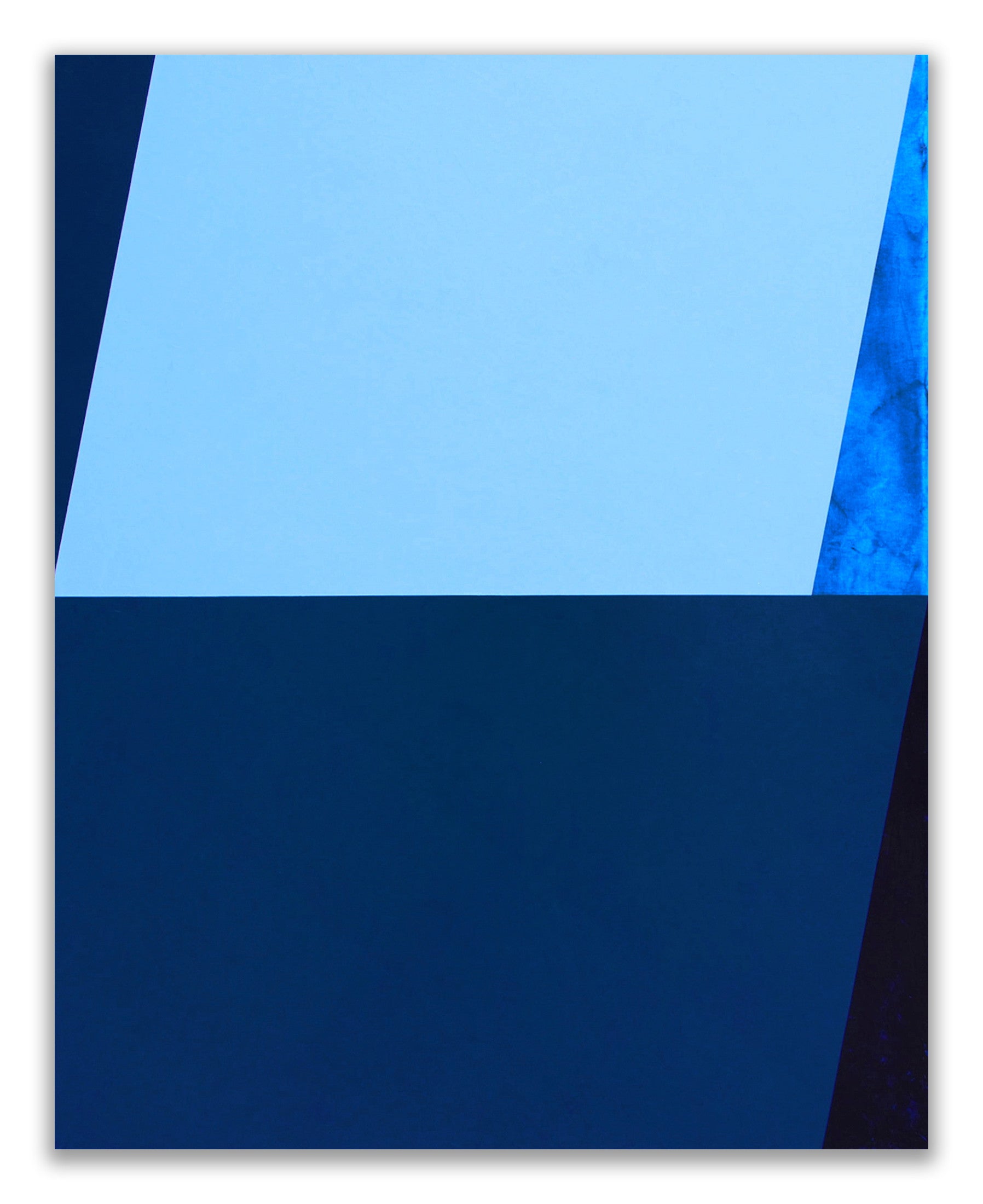 A blue and black painting on a white wall.