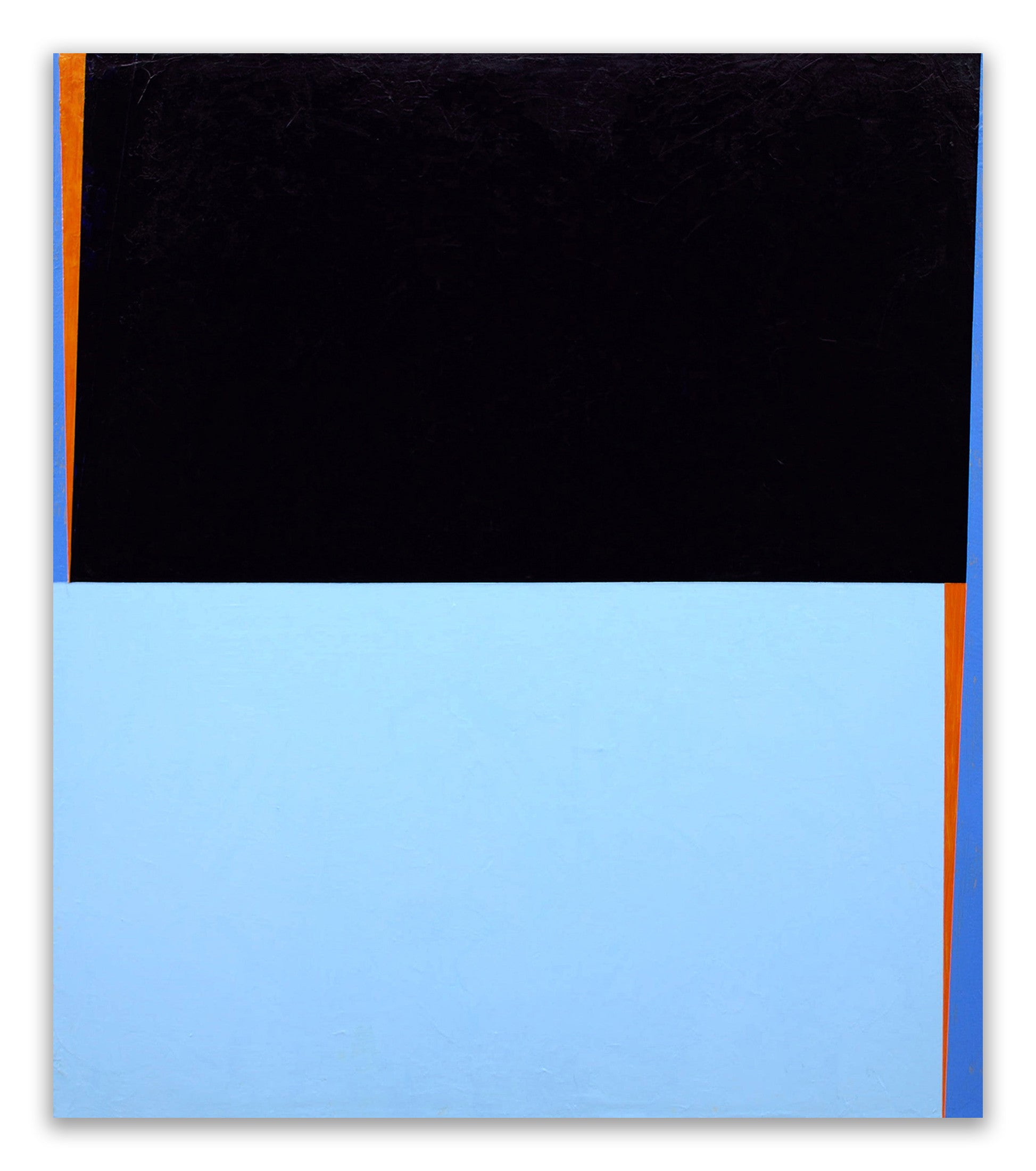 A black and blue painting on a white wall.