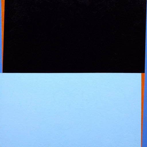 A black and blue painting on a white wall.