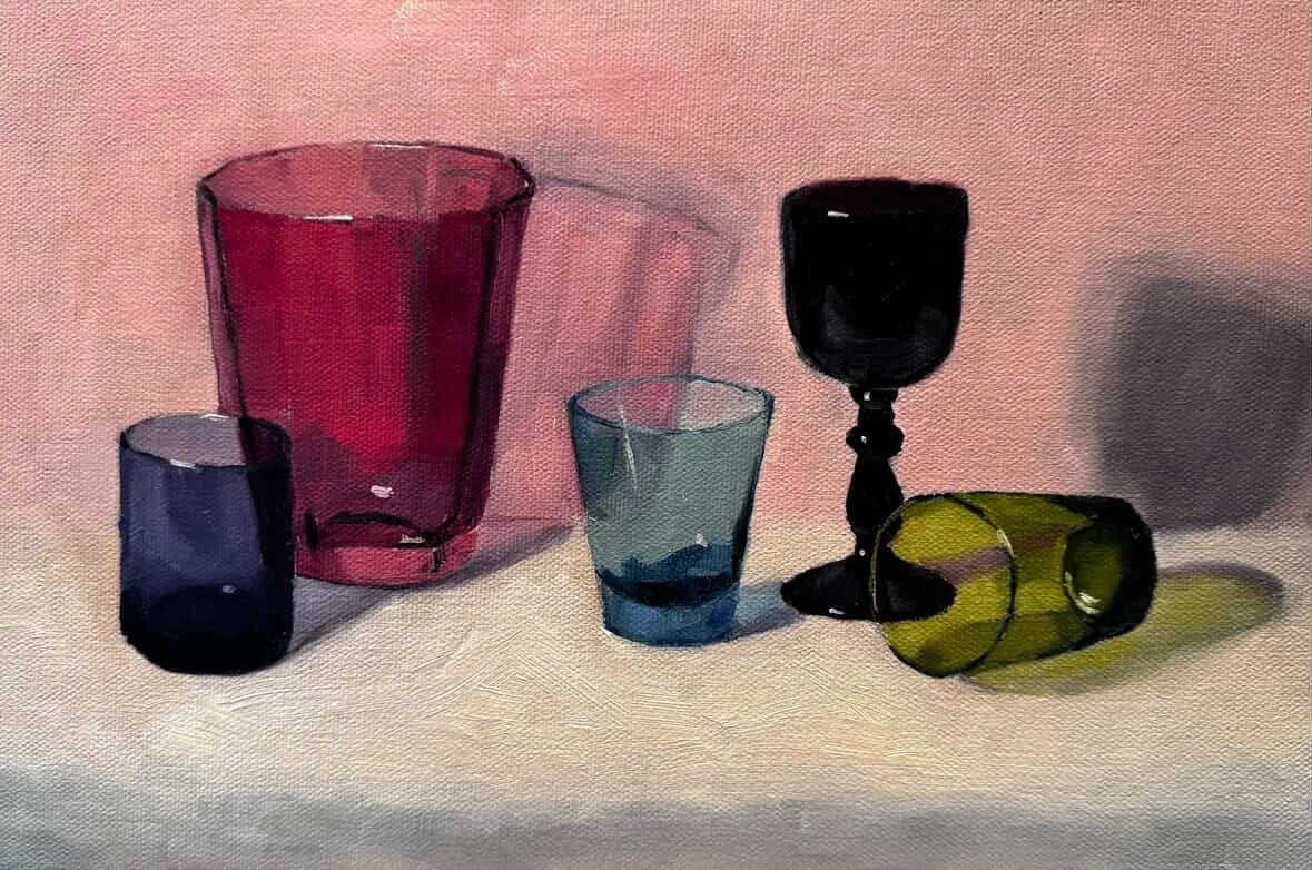A still life painting of five colorful glassware pieces arranged on a textured surface.
