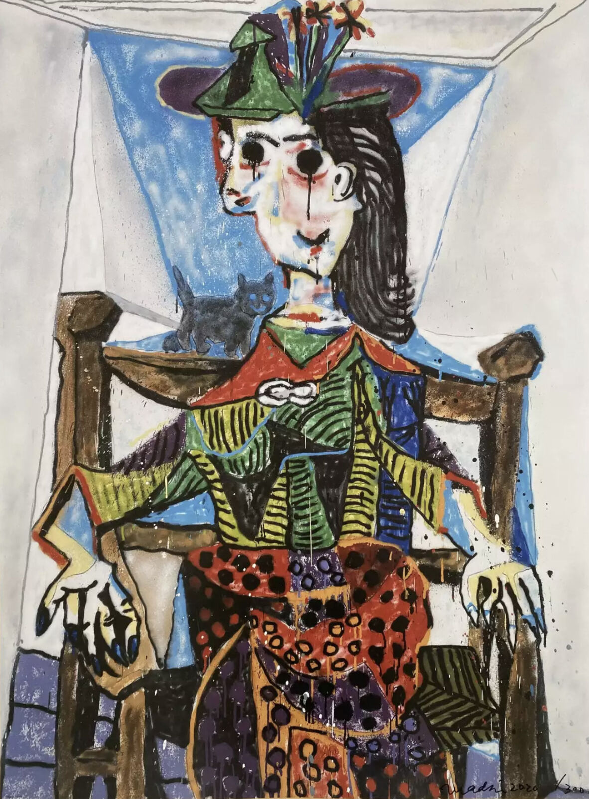 A painting of a woman sitting in a chair with a cat.