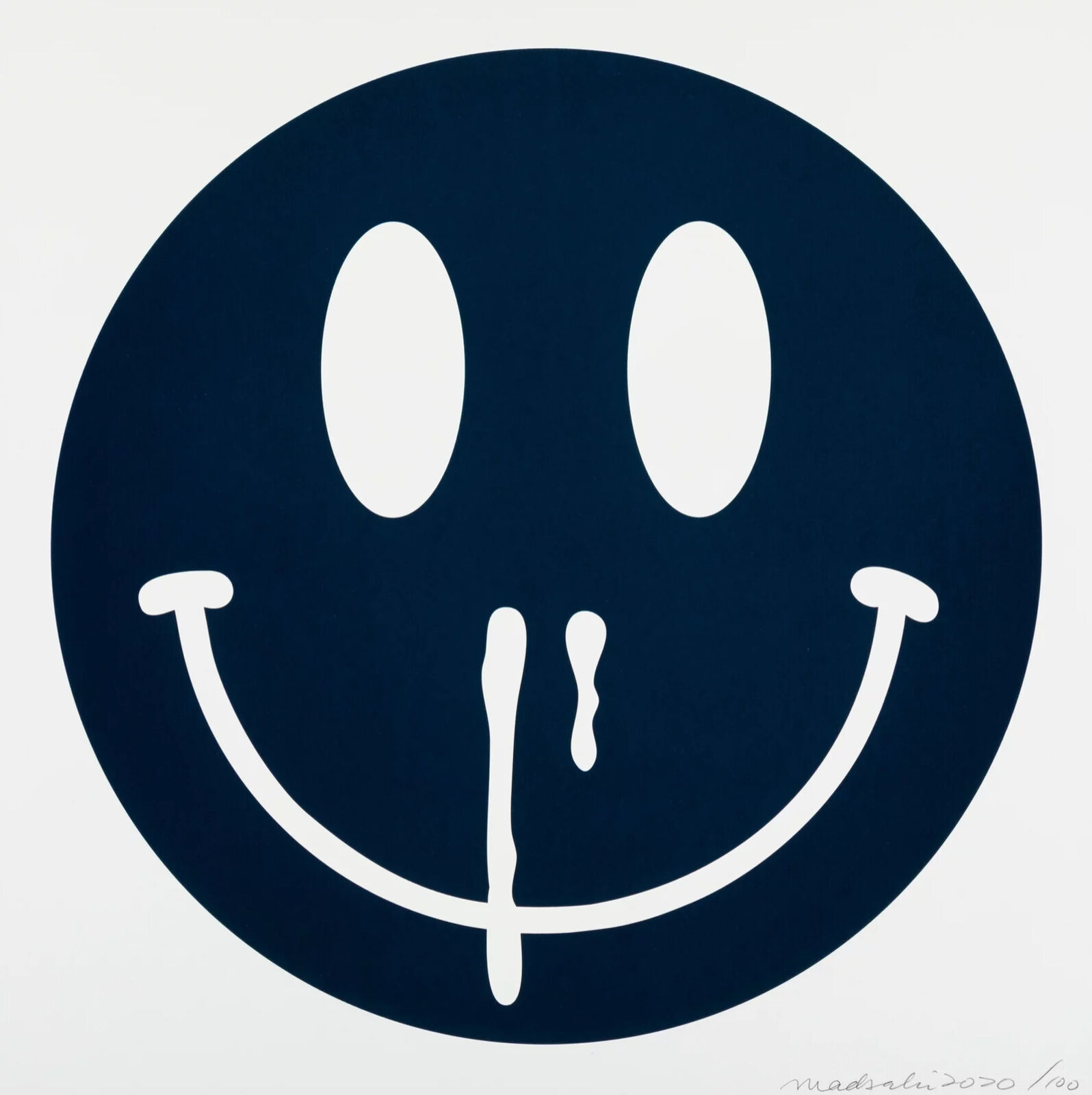 A blue and white smiley face on a white background.