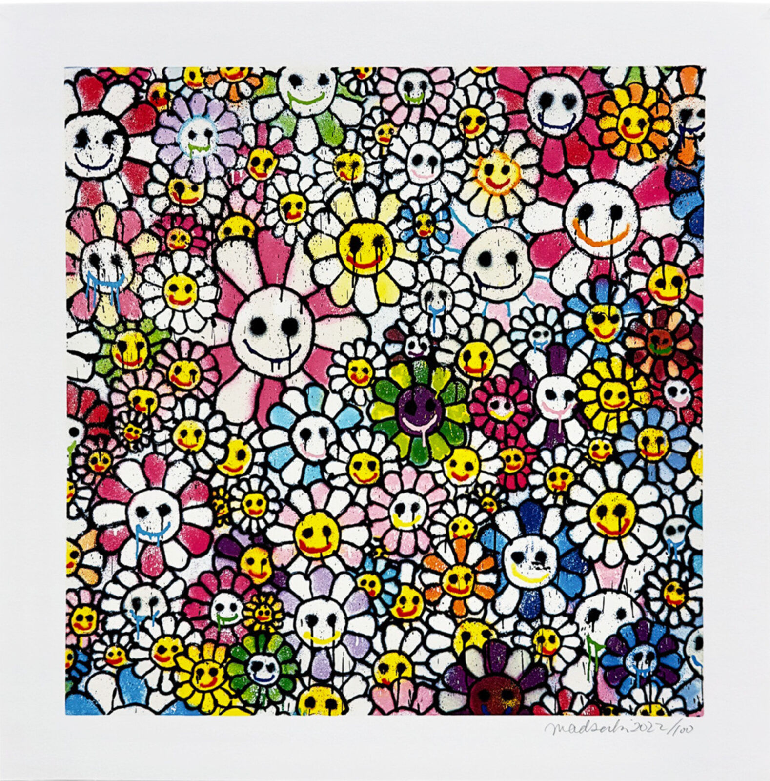 A painting of a bunch of flowers with smiley faces.