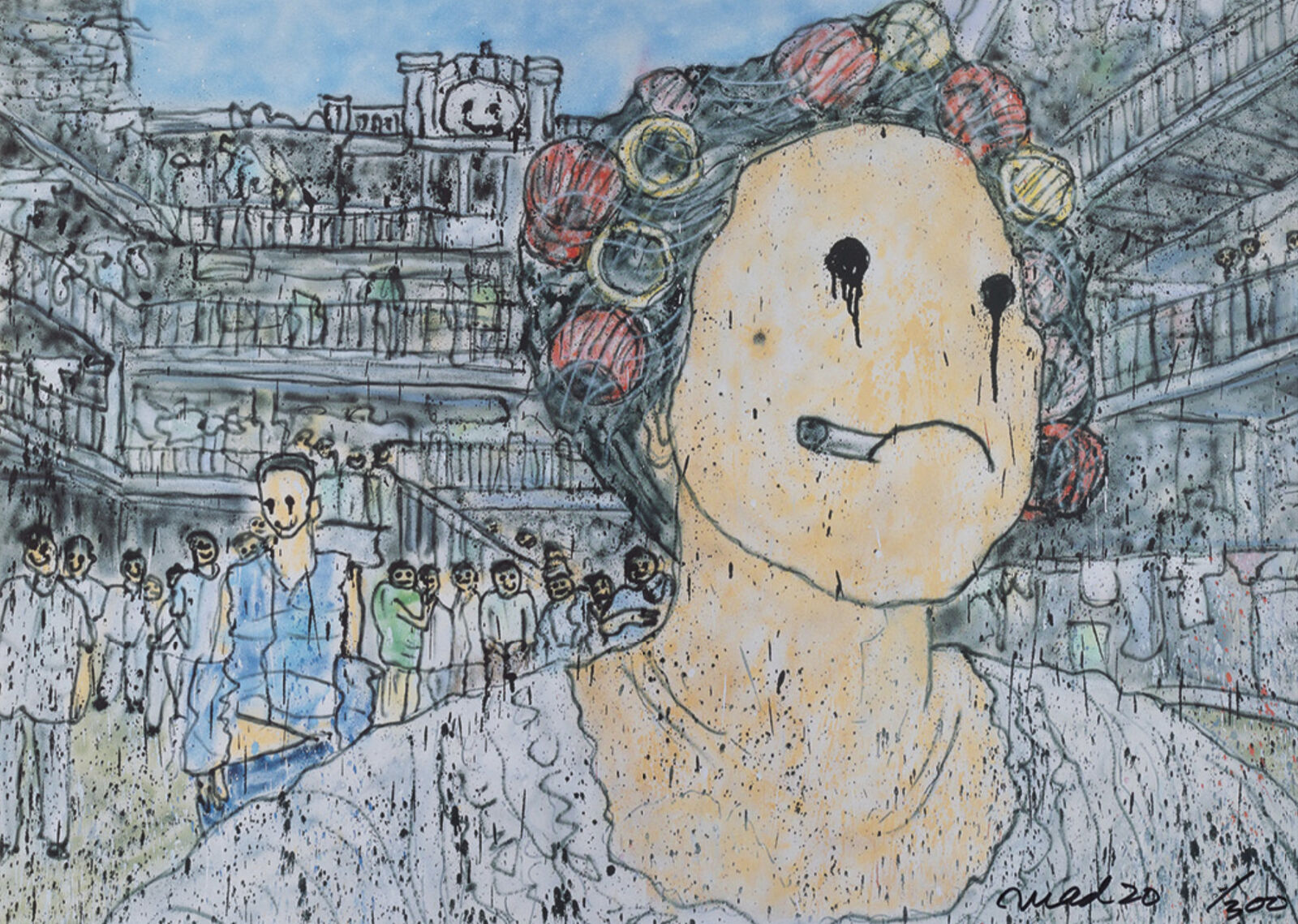 A drawing of a woman with curlers on her head in front of a crowd.