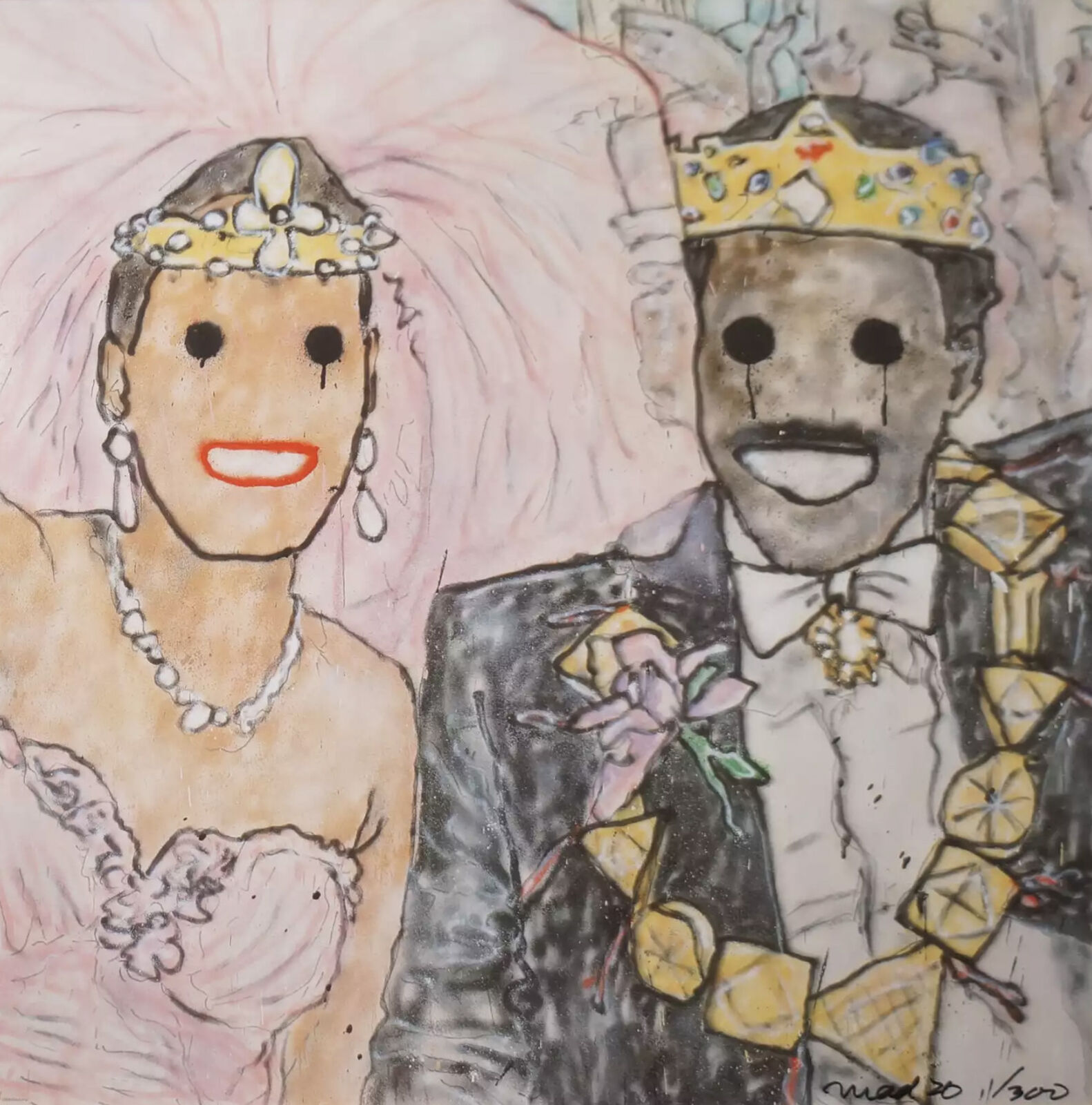 A drawing of a bride and groom with a crown on their head.