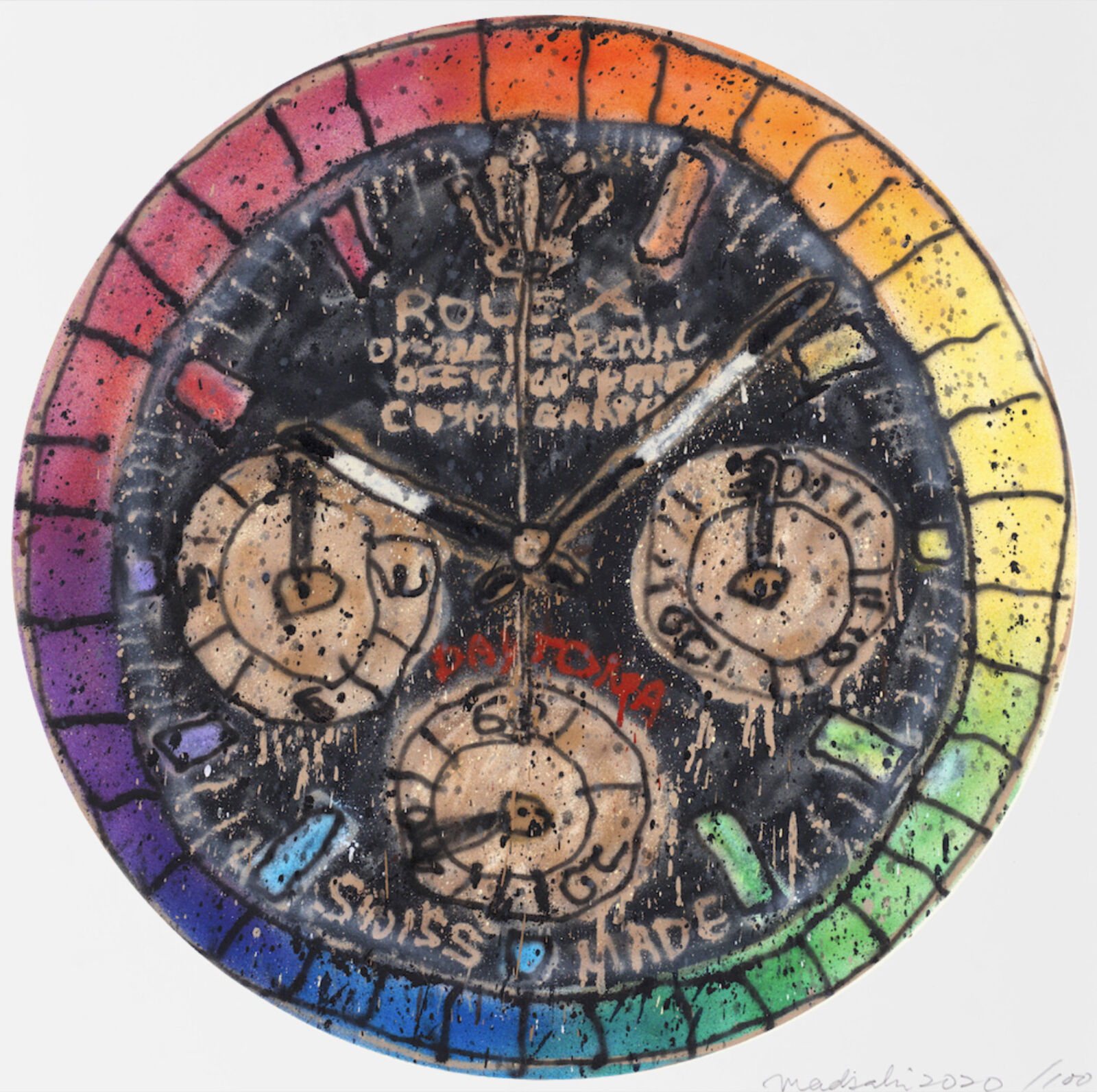 A colorful clock with a clock face painted on it.