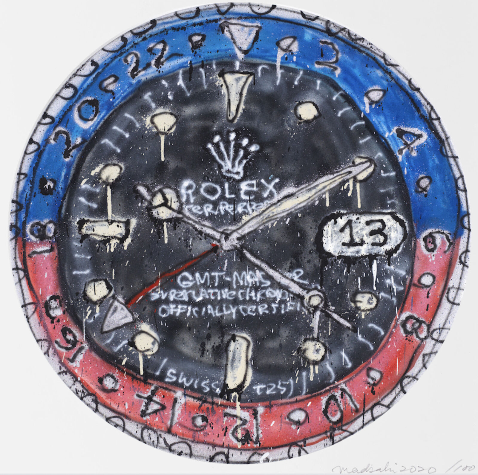 A painting of a rolex watch with graffiti on it.