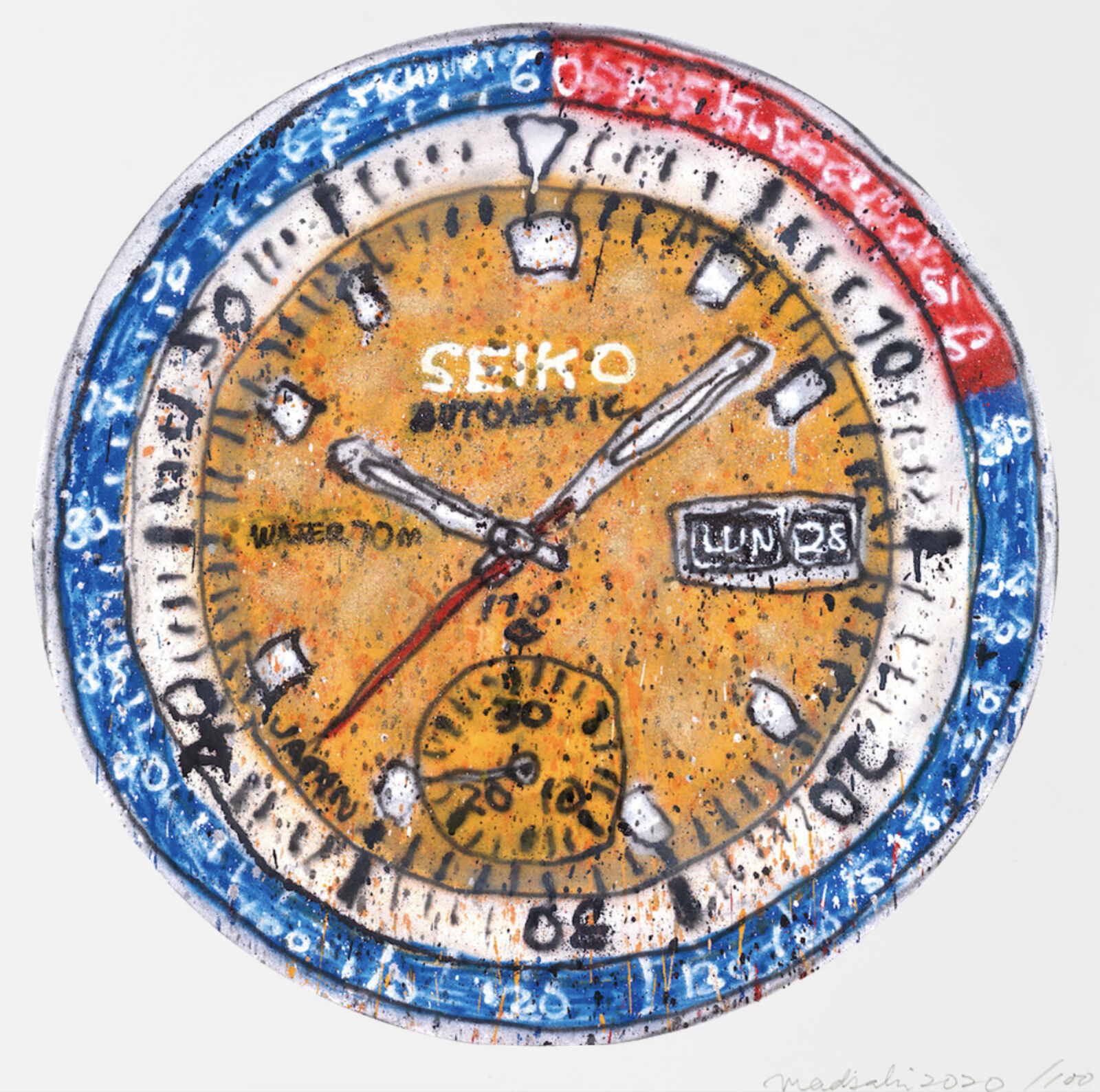 A drawing of a clock on a white surface.