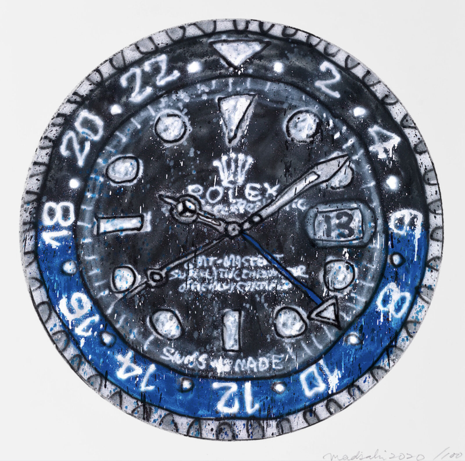 A drawing of a blue and black watch face on a white background.