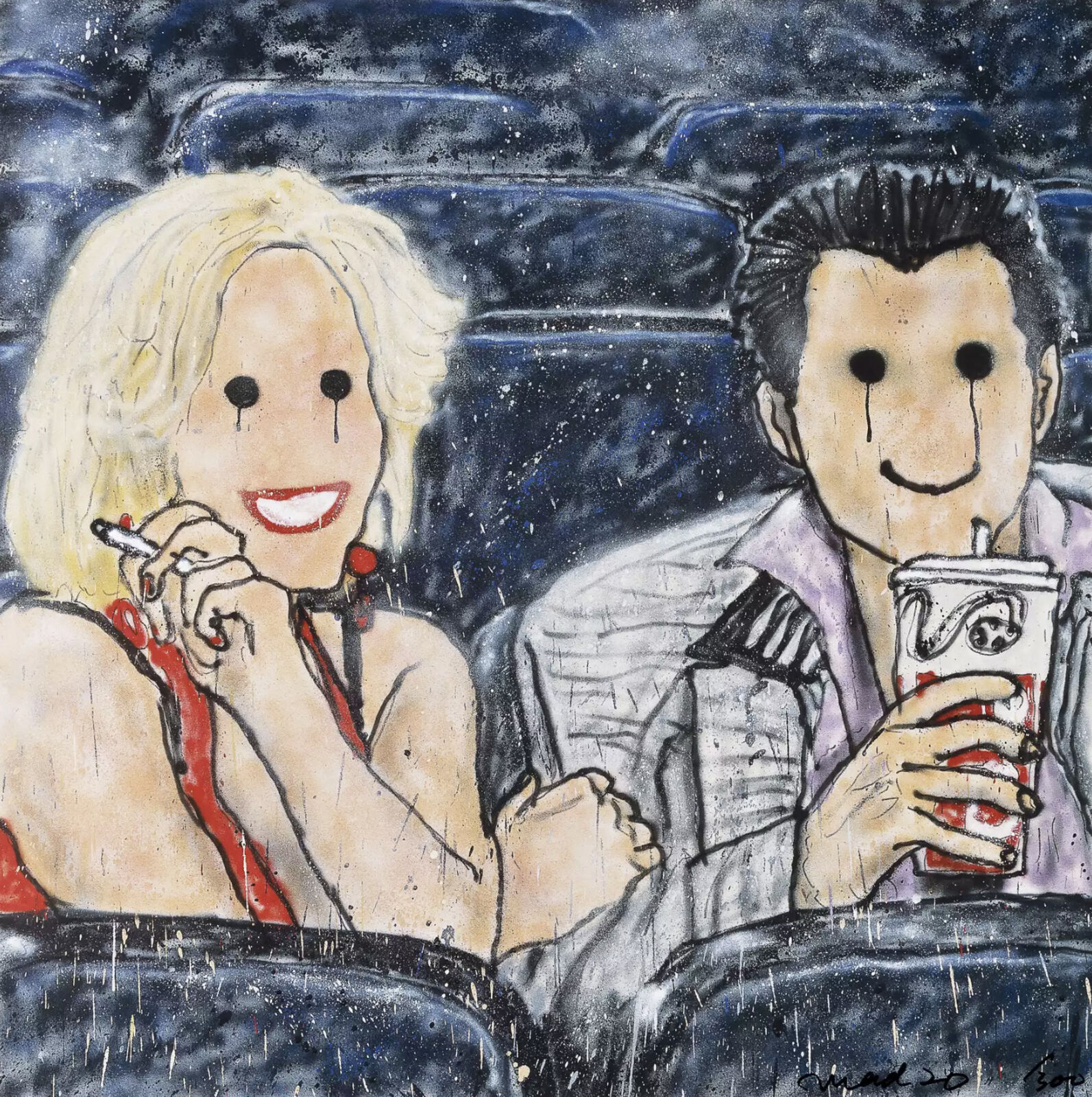 A painting of a man and a woman sitting in a movie theater.