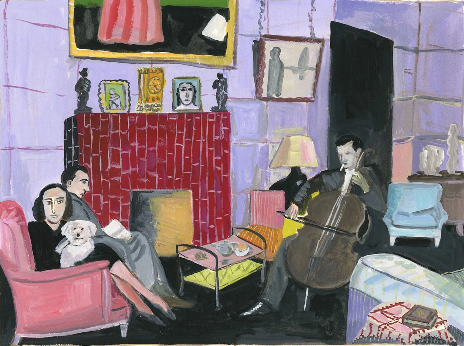 A painting of a living room with a man playing a cello.