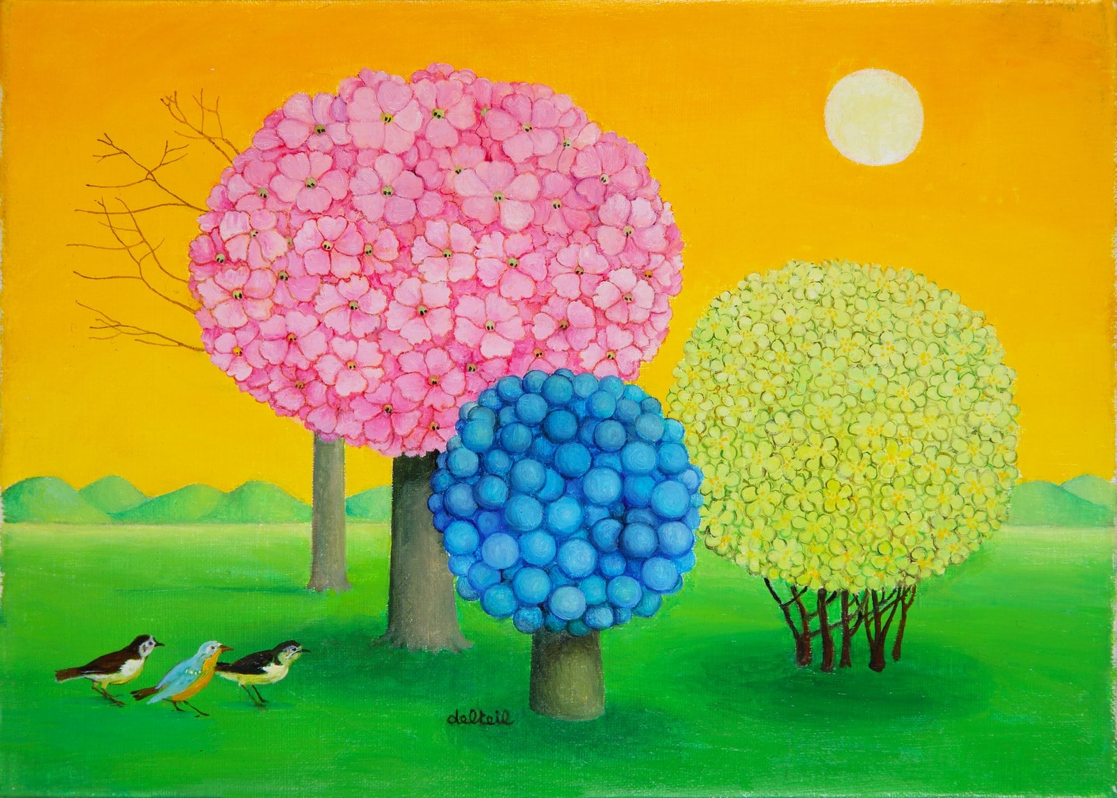 A painting of three trees with birds sitting on them.