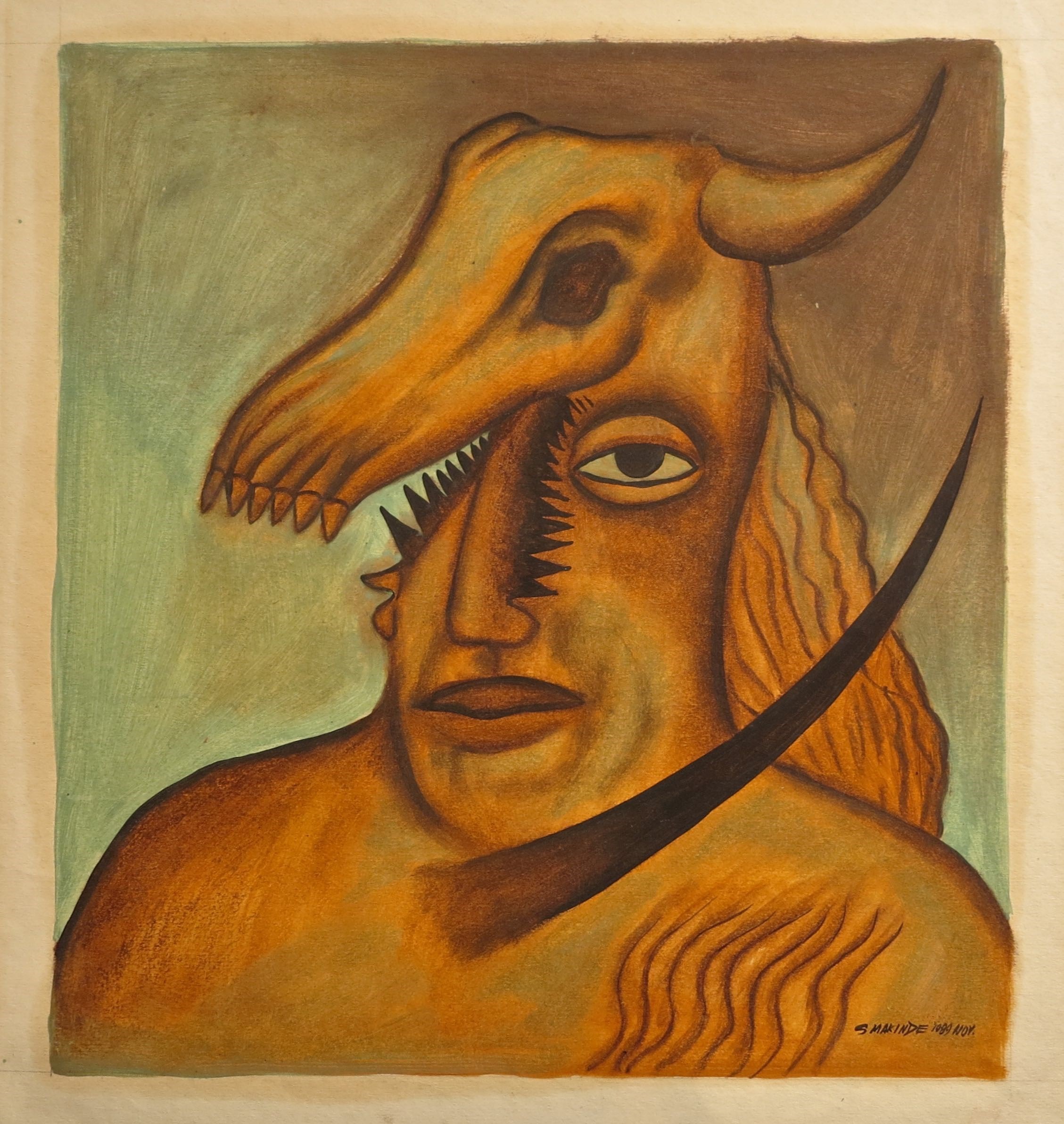 A painting of a man with a bull's head on his head.