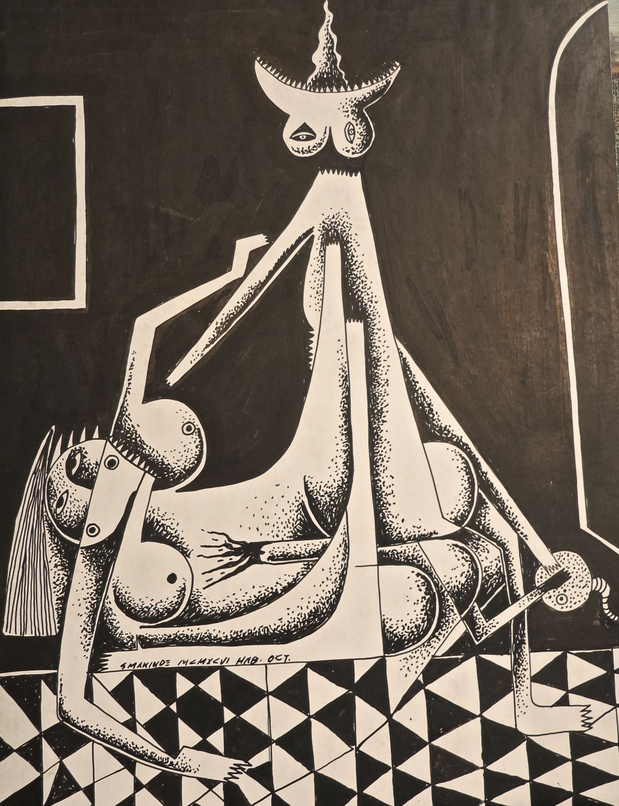 A black and white drawing of a woman sitting on a chair.