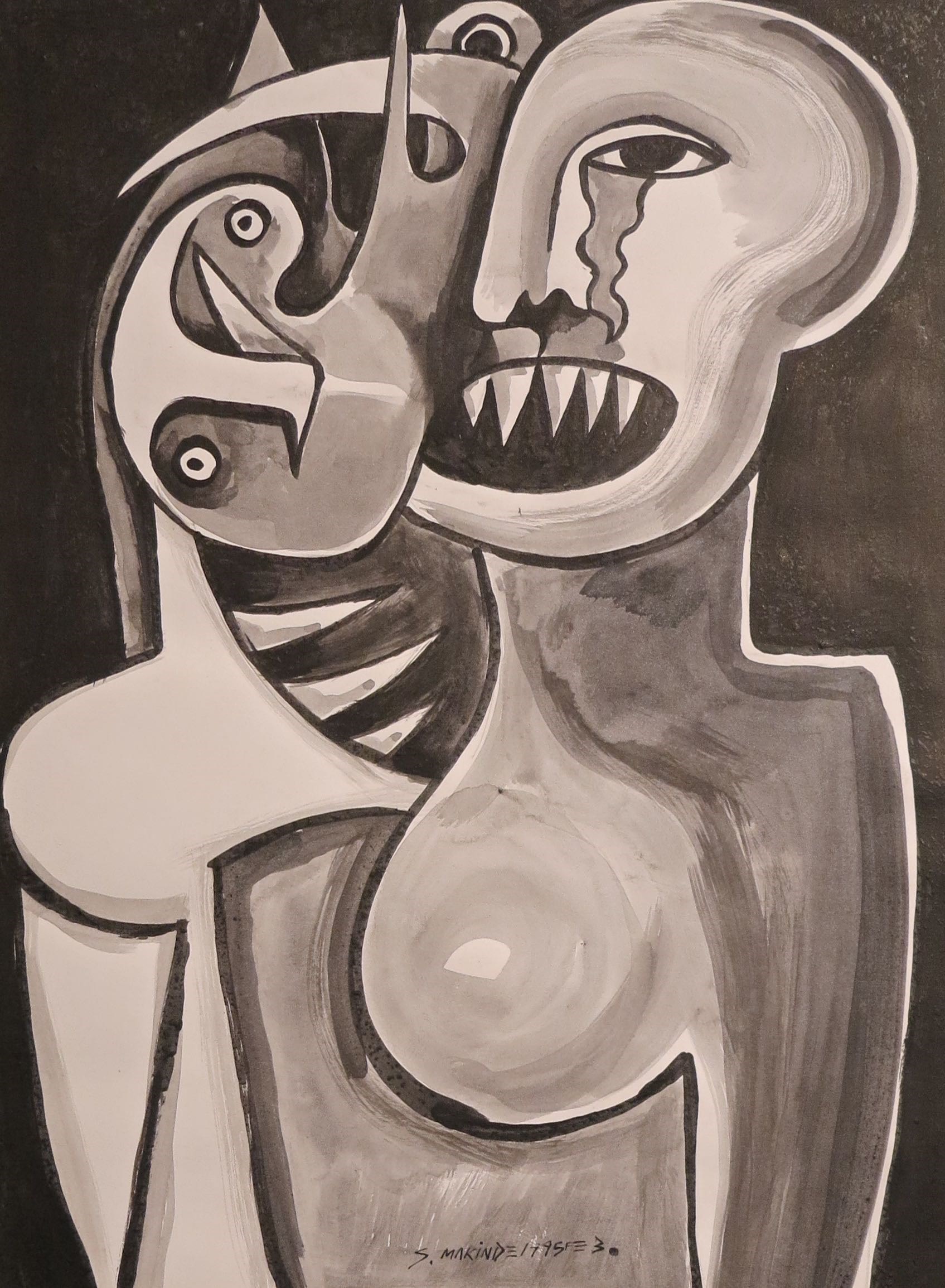 A black and white drawing of a man and a woman.